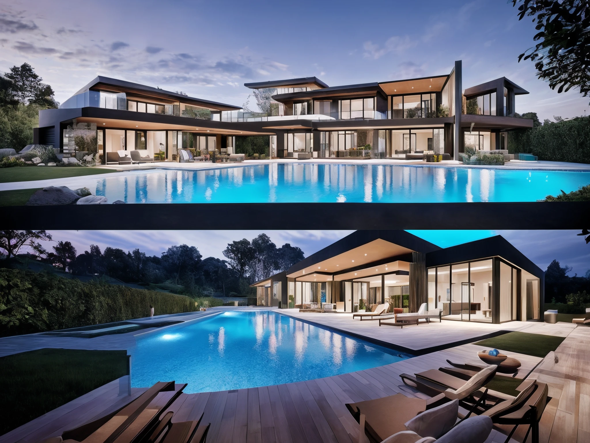 Organic modern architecture, There is a swimming pool in the middle of a large one-story house, large modern residence, render luxcore, render oktane, a photorealistic rendering, architectural render, mantra rendering, architectural render, realism rendering, architectural visualisation, piscina, architectural visualisation