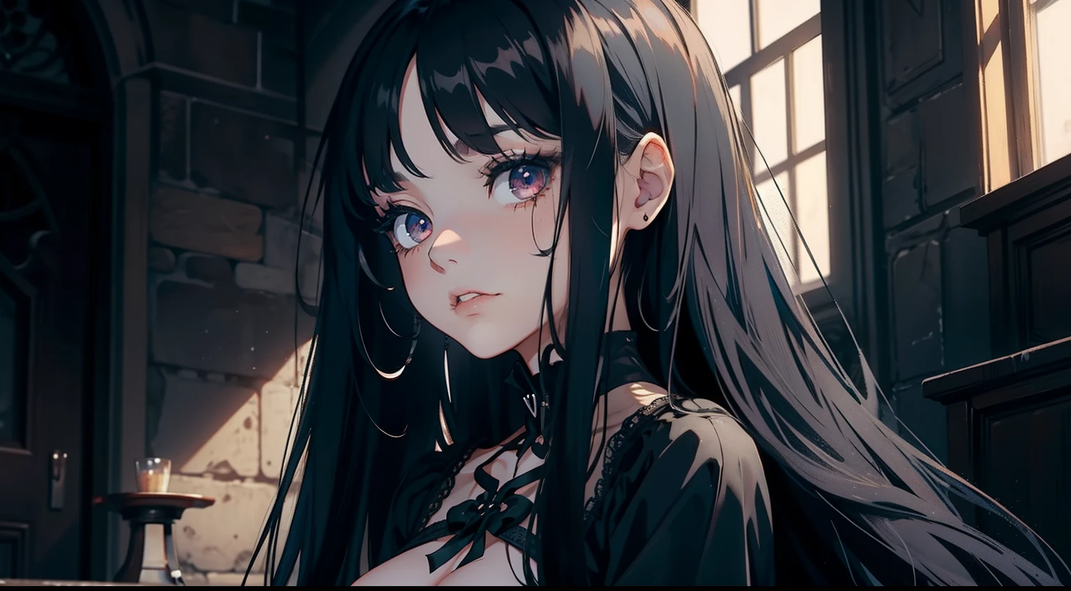 gothic girl, face, long black hair, body