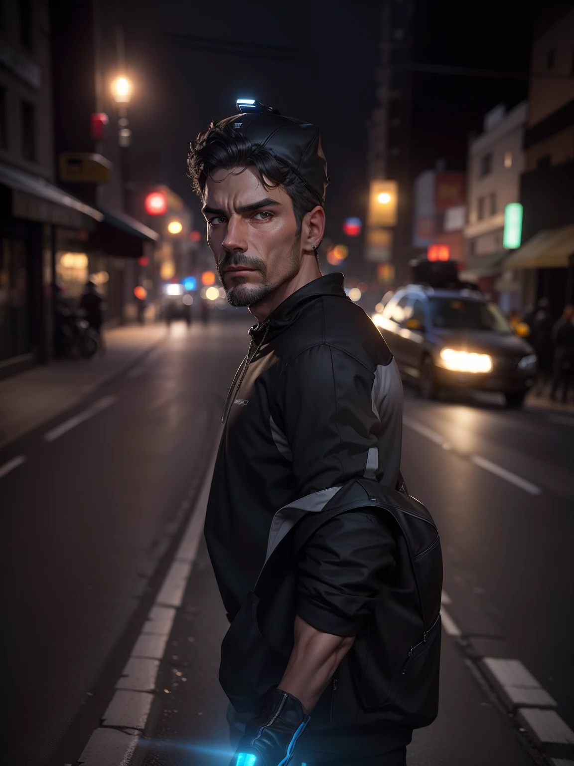 Black sweatshirt, black gloves, ear cap, back, walking on the dark night road.   realistic face --auto --s2