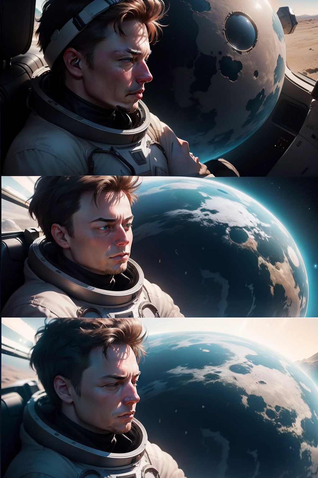 Create a highly realistic "before and after" image of Elon Musk for use in an article about his space achievements. In the "before" image, Elon should have a normal expression, representing his earlier days. In the "after" image, Elon should wear an expression of awe and amazement while gazing at the Earth's orbit. Ensure that the final image is 1000x1000 pixels in size and as lifelike as possible. Capture the transformation of a visionary entrepreneur into a space pioneer.