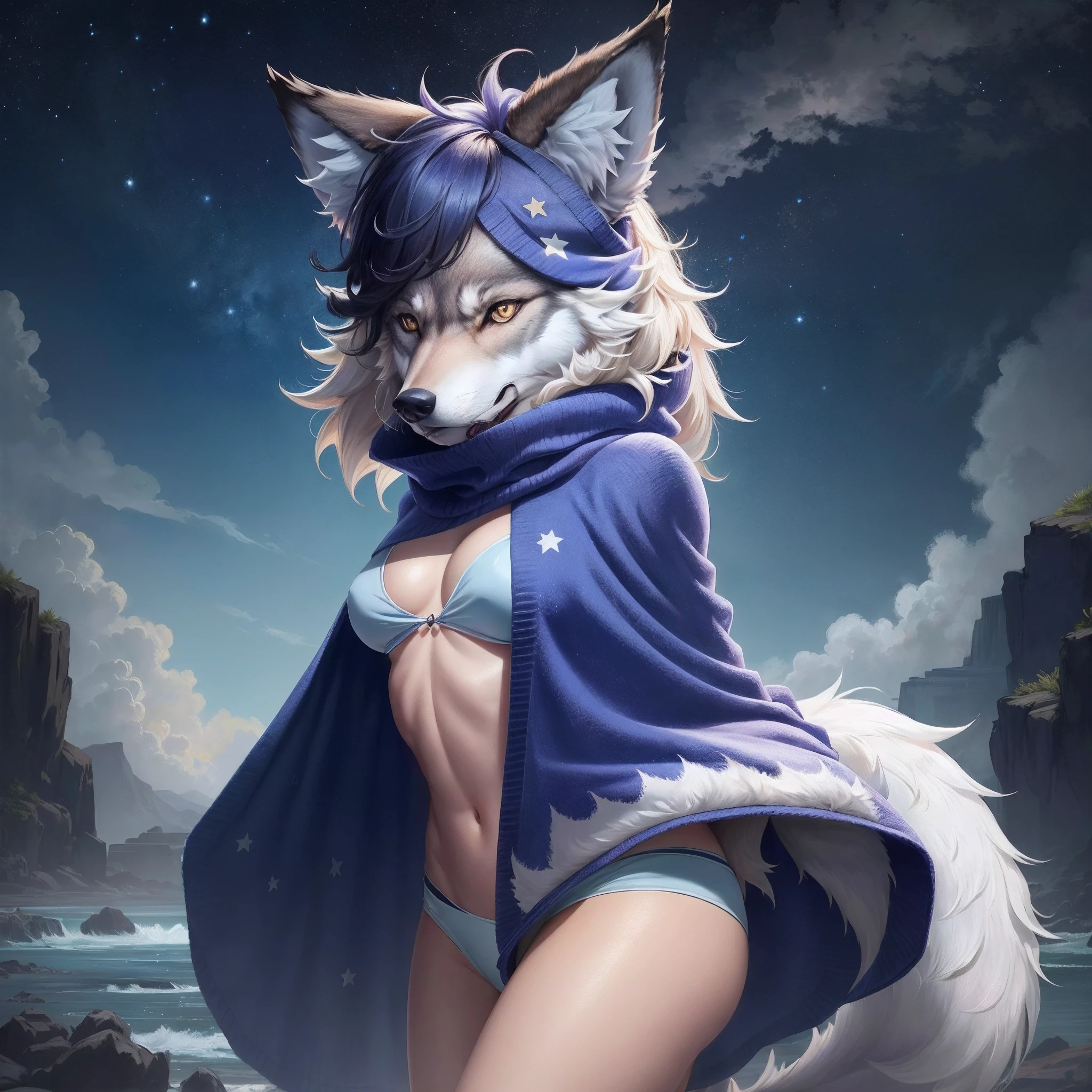 ((Furry)) ((Wolf)), Canine, Girl, wears a blue see-through cape sweater with stars, sassy pouty expression
