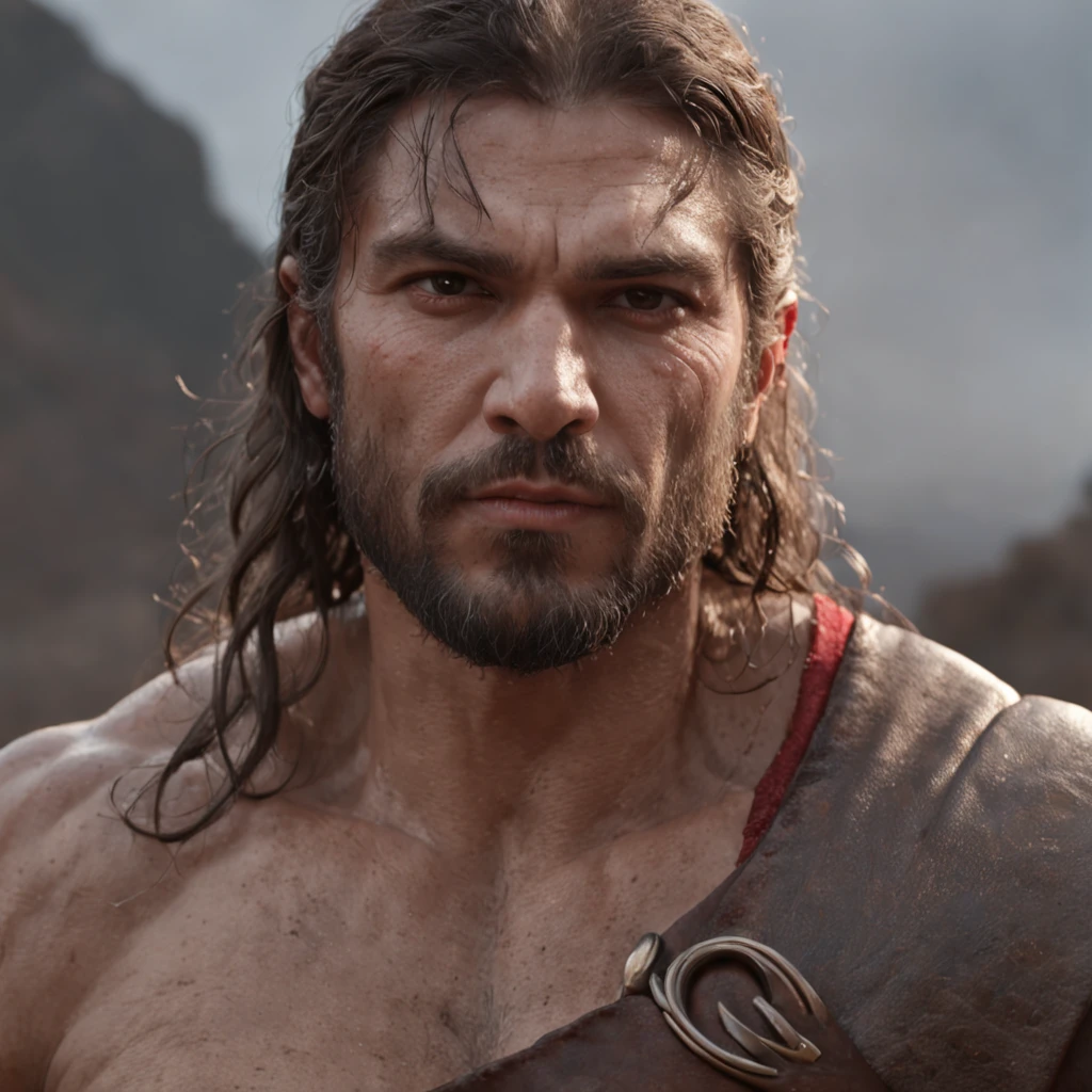 (Professional 3D rendering:1.3) de (Realistic:1.3) Foto de arte mais bonita do mundo，Features Greek statue, ((Stoic epic fantasy rough muscular man wet hero angry look long hair short beard and fierce expression in dynamic pose, fantastic location, majestoso ambiente desordenado)), corpo inteiro 8k unidade render, action shot, poros da pele, very dark lighting, sombreamento pesado, circunstanciado, Rosto detalhado, (vibrante, fotogrdeia realista, Realistic, Dramatic, Escuro, foco nítido, 8k), (Old leather clothes damaged by bad weather:1.4), ((((Use peles)))), (intrincado:1.4), decadente, (altamente detalhado:1.4), pintura digital, rendering by octane, art stations, Conceito-Arte, liso, foco nítido, illustration, germe da arte, (Loish:0.23), Wlop Ilya Kuvshinov, e Greg Rutkowski e Alphonse Mucha Gracias, (global ilumination, studiolight, Light Volumetric), chuva forte, floating particles, patife, fantasia, Onze, corpo inteiroesbian, ((Fundo escuro e antigo da cidade:1.3)),CGSesociedade,art stations