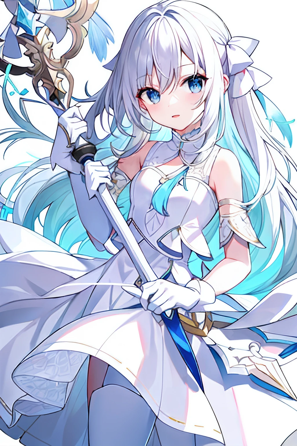 white color hair，white dresses，s girl，Holding a spear in front of him