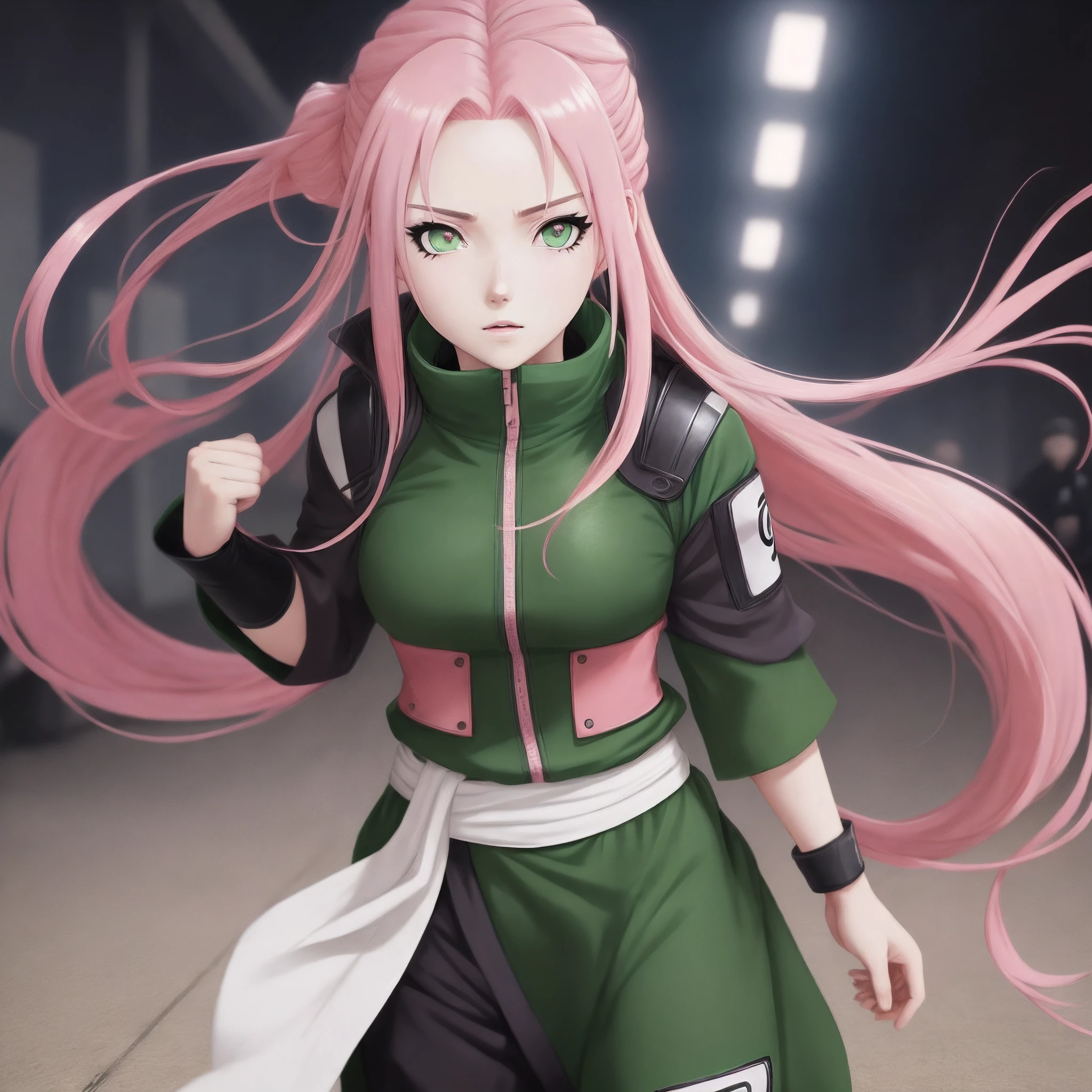 Pink hair, emerald eyes, wears Naruto anime style fighting cloths, hair is long and silky,