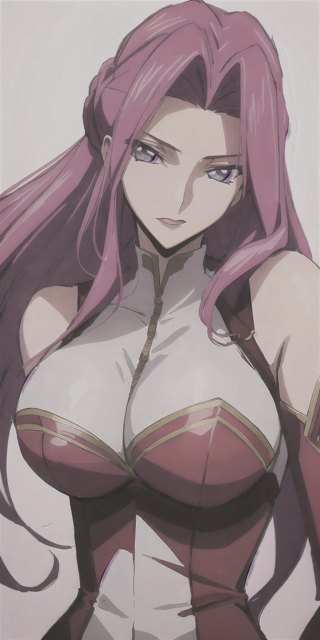 cornelia_li_britannia, huge breasts, solo, standing, white_bodysuit_red_bustier_red_gloves_red_thigh_boots,, masterpiece, best quality, detailed face, detailed eyes, highres,