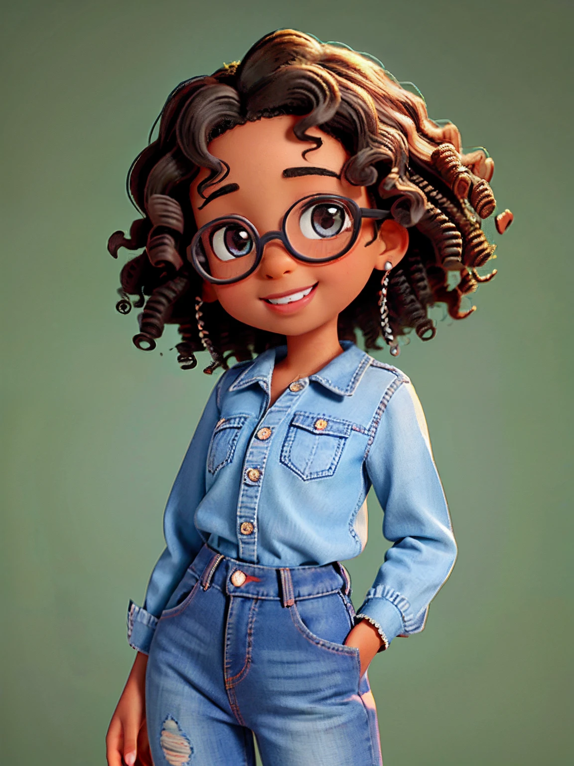 Black ***********, curly hair, blue shirt, jeans onepiece, beeautiful curly hair, beautiful face, wearing delicate glasses, Brown curly hair, honey colored eyes, beautiful, romantic, looking at the camera, Green Screen background, full body, delicate face, smile, intricate detail, 4k, high resolution, Pixar Cartoon style picture