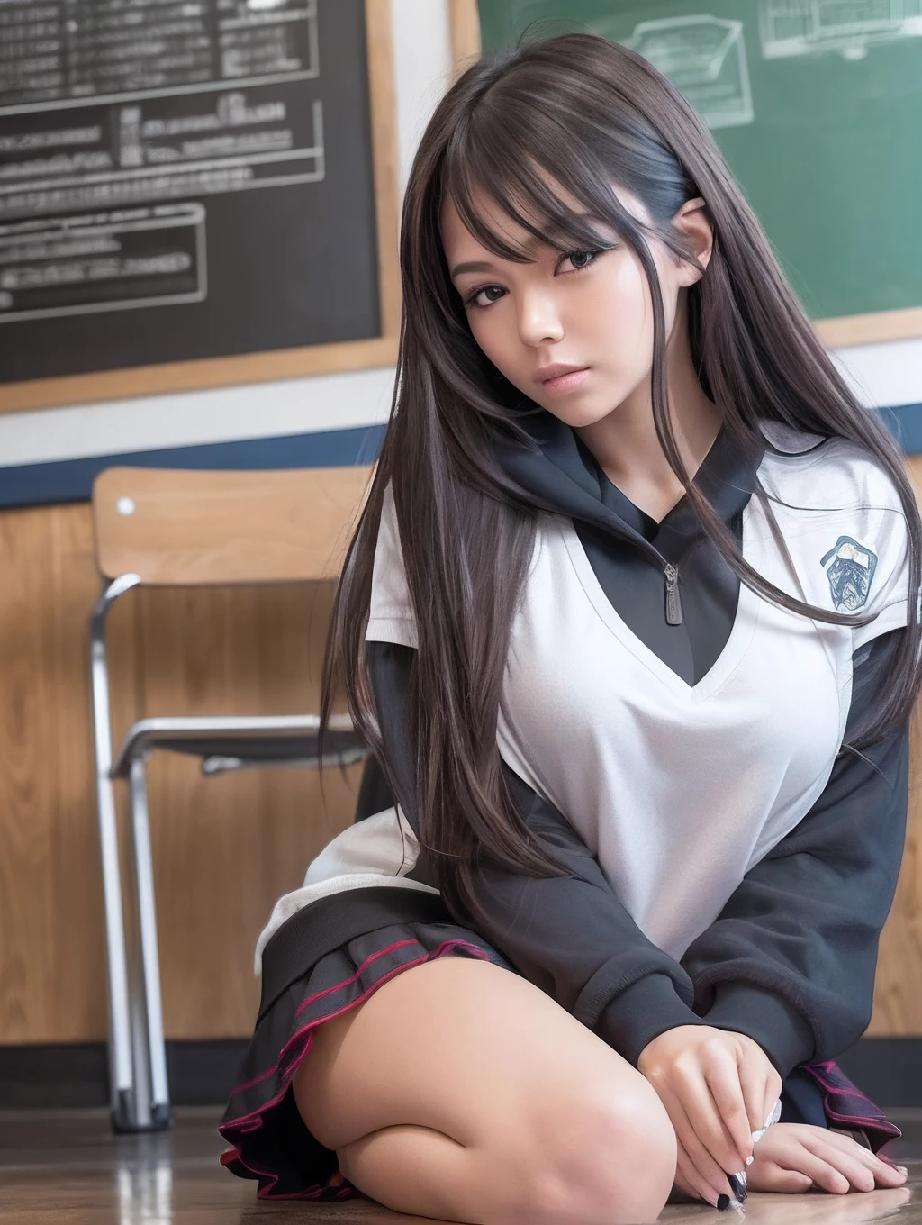 (8k, RAW photos, top quality, masterpiece: 1.2), ultra detailed, super resolution, (real, real photos: 1.37), portraits, high definition RAW color photos, professional photos, very detailed and beautiful, highly detailed, 8k wallpapers, amazing details, huge file size, official art, highly detailed CG Unity 8k wallpapers, highly detailed beautiful girls, highly detailed faces, very detailed eyes, very detailed skin, very detailed fingers, very detailed nose, very detailed detailed mouth, very beautiful face and eyes, ((full body)), tall beautiful woman relaxing in classroom wearing jersey, huge breasts, (: 1.23), JK, gym clothes, jersey, cute core, high school girl, korean girl, school, classroom, blackboard, realistic girl --auto --s2