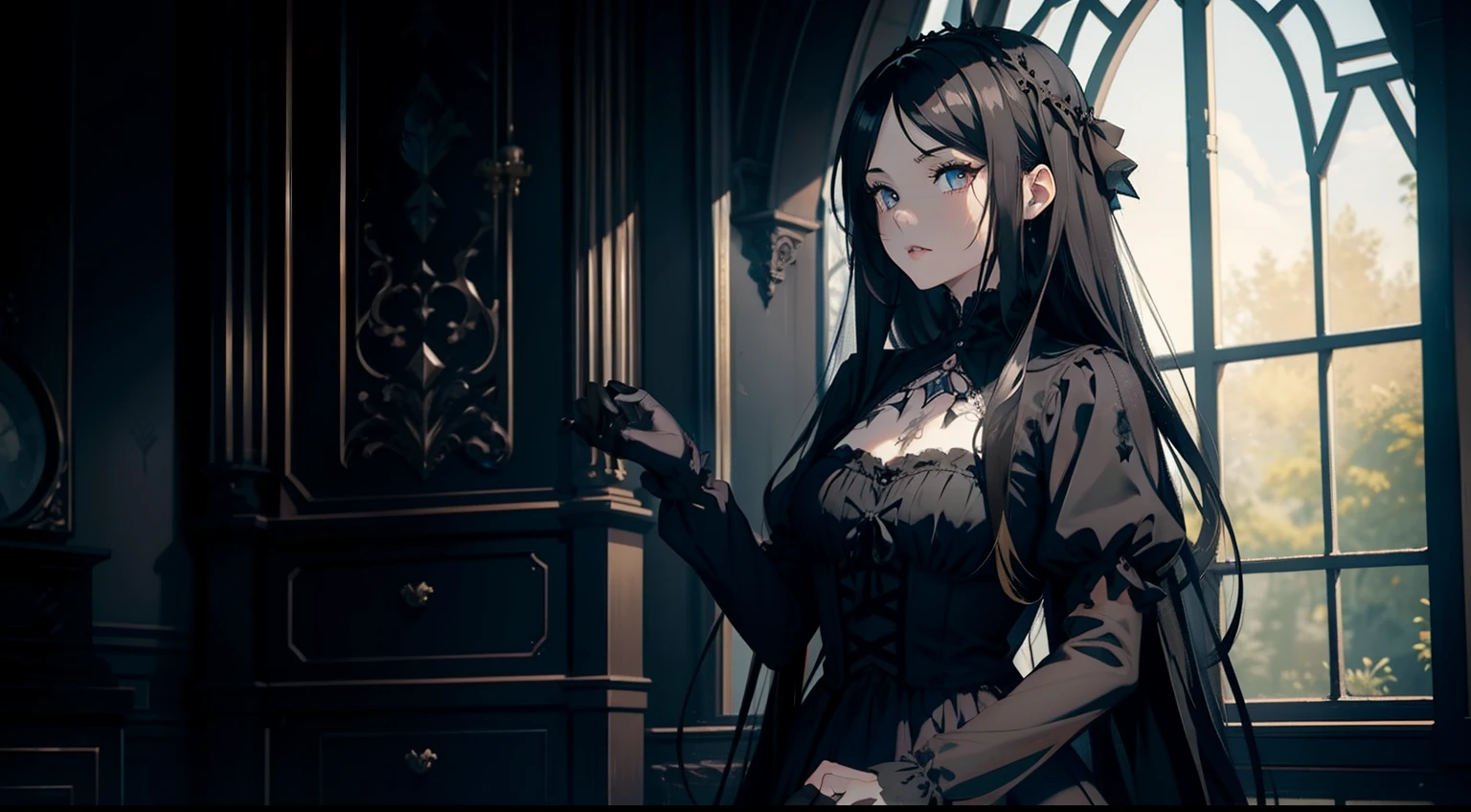 gothic, dark hair, blond color, gothic dress, long black hair, gothic girl with black gloves, FACE