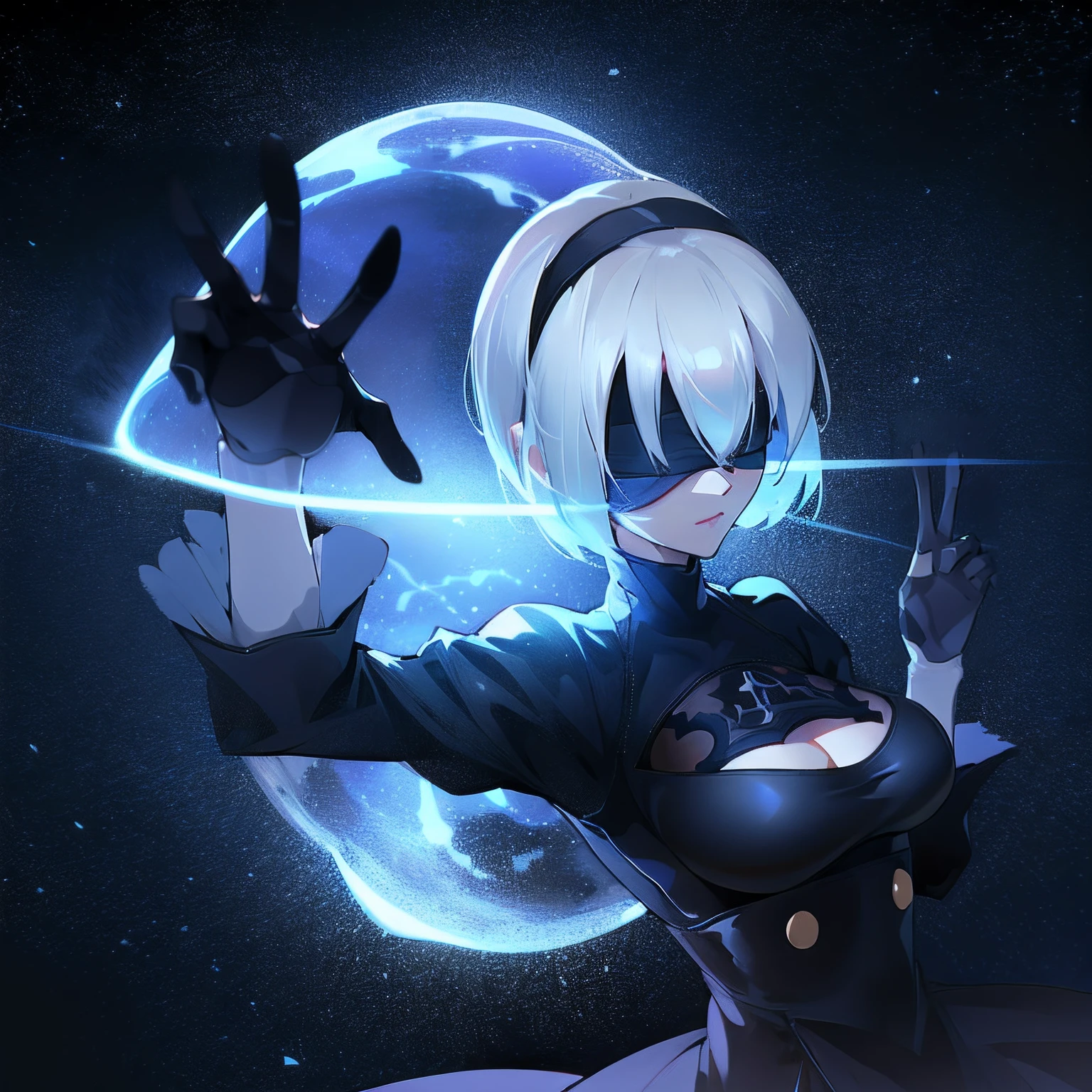 Yorha 2B, fundo escuro, vendado, blue electrical energy around the body, raised hand, grande esfera azul, (magica)