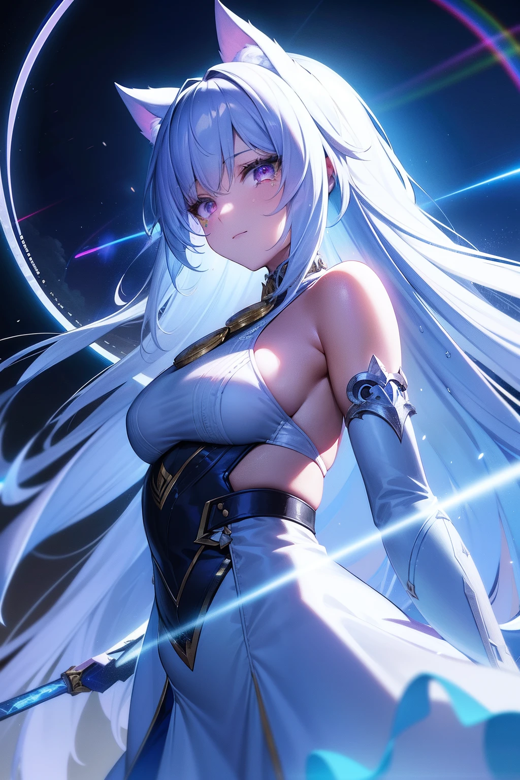 Cat's ears,hair is white and long,Goggles shine on her head,Her skin is pale, A blade of light enveloped me like a snake in interstellar wind,Unleash the Blade of Light, Highest Quality, Carry a blue cloak with war maiden decorations,Raise the rainbow sword of the brave, ((sad))((Big tears)), 8 Blue Light Sword,Blade of Light,Lens Flare, Big rainbow,The moon shines,Star chips, bloom, ((light glow)), chromatic abberation], Digital Painting, Insane details, Intricate details, Beautifully color graded, Unreal Engine, Cinematic , colour grading, Editorial Photography , Photography, Photo Shot, Shot on 70mm lens, depth of fields, degrees of freedom, Tilt Blur, Shutter Speed 1/1000, h/22