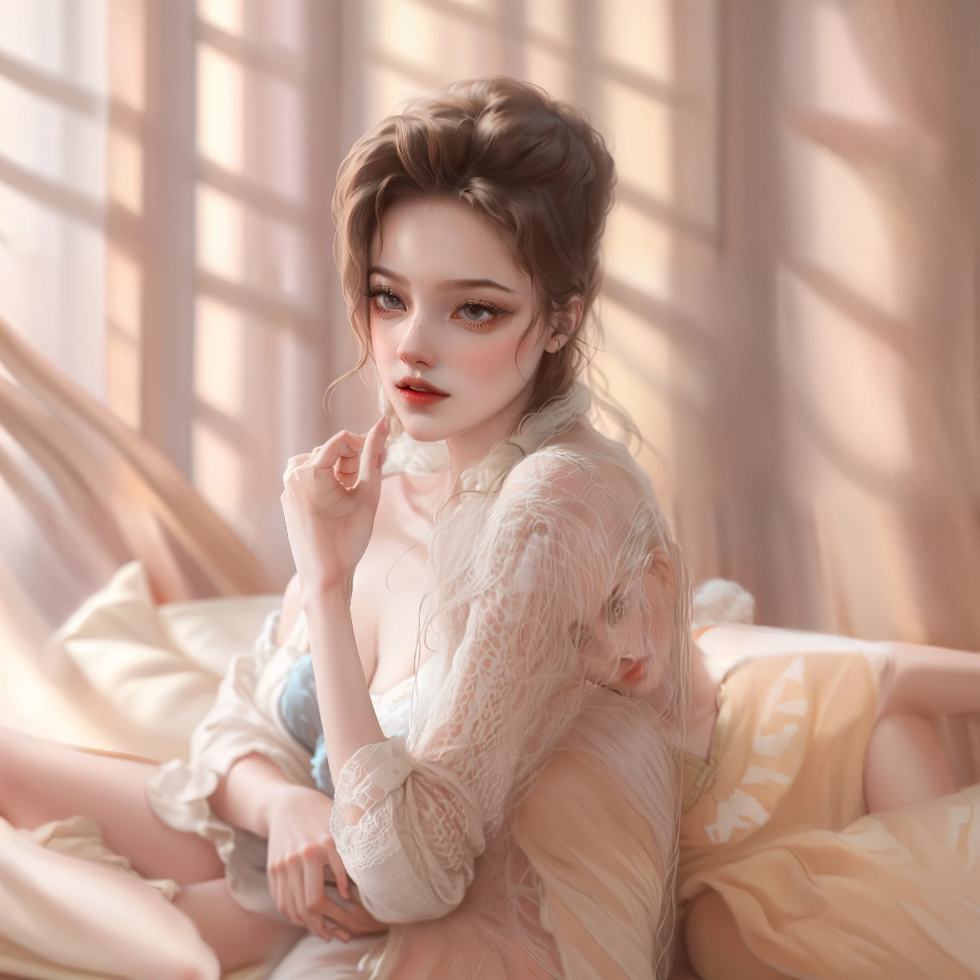 there is a woman sitting on a bed in a white dress, inspired by Pierre Auguste Cot, inspired by Thomas Stothard, draped in transparent cloth, inspired by Artemisia Gentileschi, inspired by Alexandre Cabanel, inspired by William-Adolphe Bouguereau, inspired by Hendrick Terbrugghen, diaphanous translucent cloth
