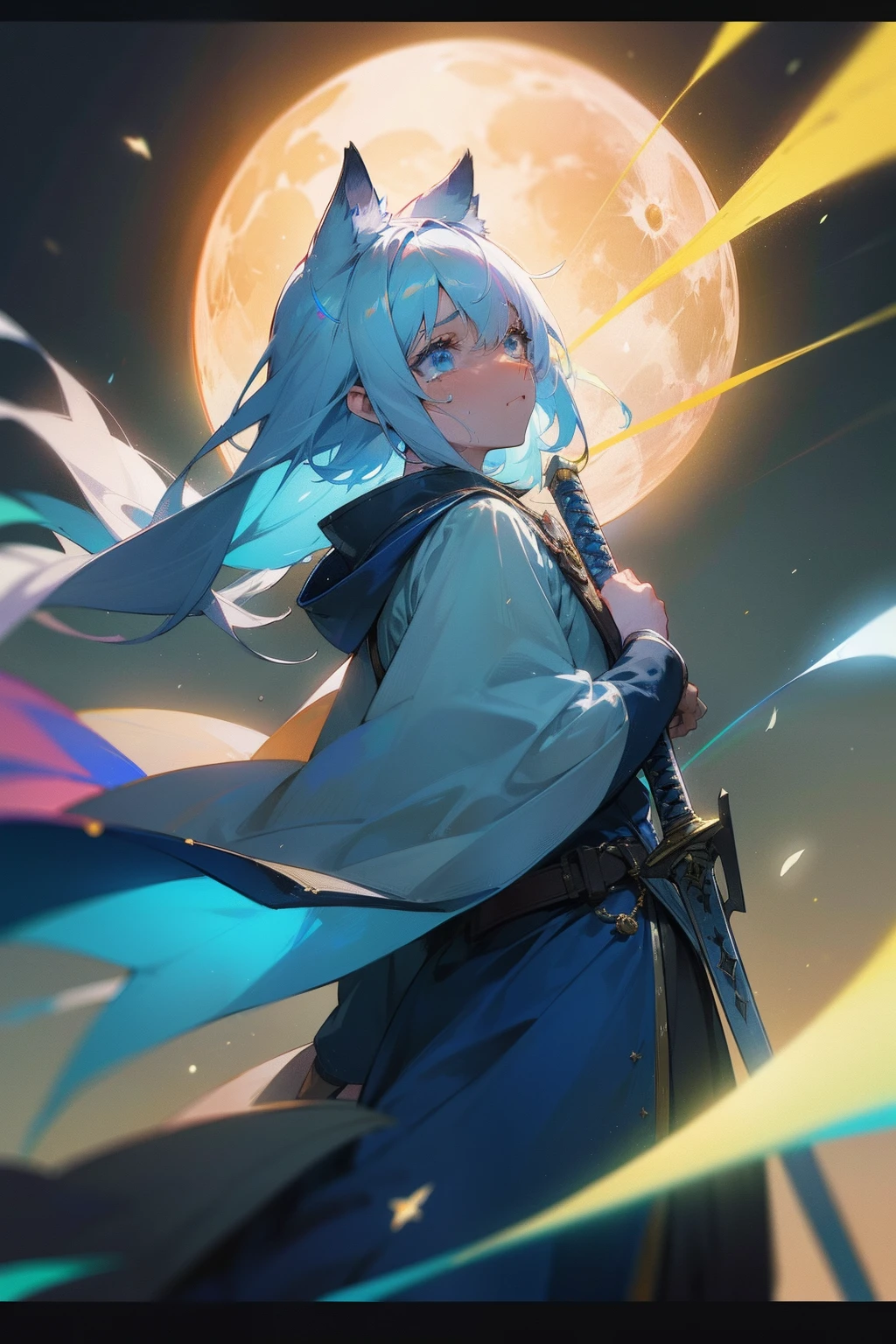 Cat's ears,hair is white and long,Goggles shine on her head,Her skin is pale, A blade of light enveloped me like a snake in interstellar wind,Unleash the Blade of Light, Highest Quality, Carry a blue cloak with war maiden decorations,Raise the rainbow sword of the brave, ((sad))((Big tears)), 8 Blue Light Sword,Blade of Light,Lens Flare, Big rainbow,The moon shines,Star chips, bloom, ((light glow)), chromatic abberation], Digital Painting, Insane details, Intricate details, Beautifully color graded, Unreal Engine, Cinematic , colour grading, Editorial Photography , Photography, Photo Shot, Shot on 70mm lens, depth of fields, degrees of freedom, Tilt Blur, Shutter Speed 1/1000, h/22