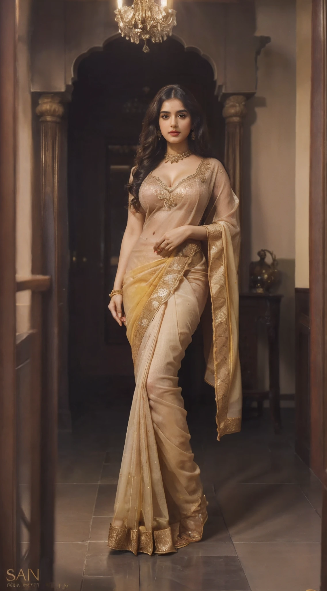 ((Full body shot)), (Indian babe), 20 years old, beautiful face, pretty face mesh, realistic face, detailed face, red lips, long doe like intoxicating eyes with mascara, blush, (one side parted disheveled curly long hair), fit curvy body, sexy Indian embroidery outfit, (Sabyasachi yellow saree), (beautiful saree plates), (deep neck Sabyasachi yellow blouse), (cleavage), (perky breasts), standing pose, cinematic shot, atmospheric lighting, Photorealistic, Hyperrealistic, Hyperdetailed, detailed saturated skin, soft lighting, subsurface scattering, (realistic textures), masterpiece, best quality, ultra realistic, long medium shot, centre composition, 8k, golden ratio, Intricate, film photography, award winning photography, soft focus, dynamic abstract background, light studio, perfect body, perfect height, slender girl, Indian, high heel,