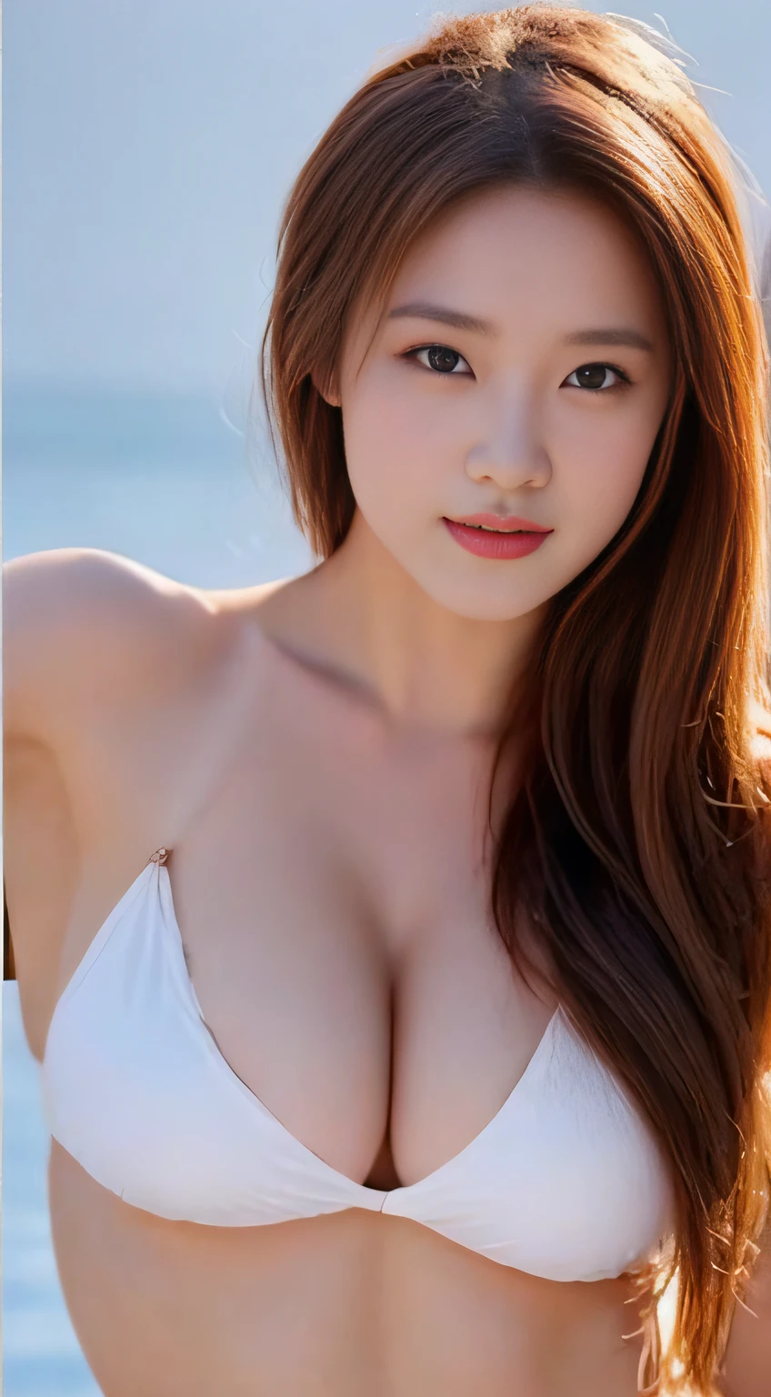 top-quality。8K-Picture。High pixel。The background is a vast ocean。Long bronze hair, Wavy Hair。Perfect beauty。Excellent style((Super burst breasts!:1.6))。Show off your lovely buddy in a colorful swimsuit。Sexy women for guys。((A look that beguiles a man))。time々、Take a sexy pose。like Marilyn Monroe。Pose Color々Although there is、Leave it to your imagination。Clean from throat to neck。Very delicate overall。This is perfect!