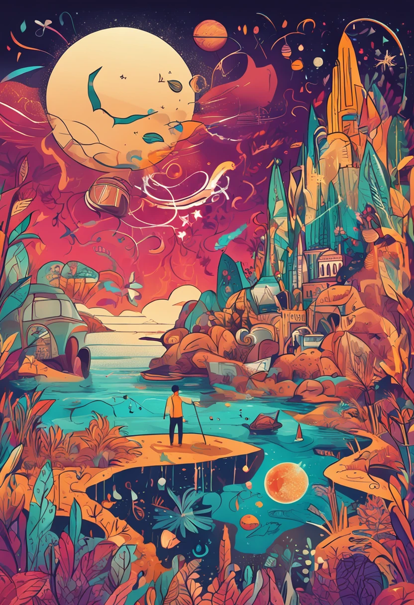 charming image representing the title of the book, 'O Mundo dos Sonhos', with magical elements and vibrant colors