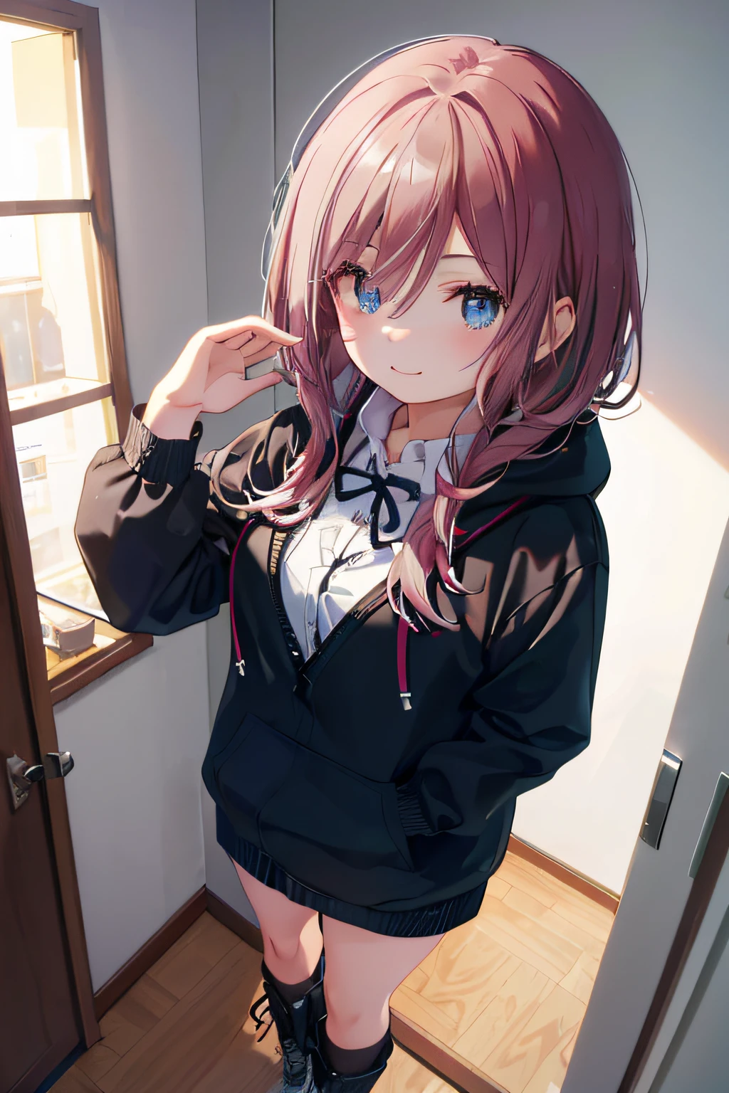 （tmasterpiece：1.6，best qualtiy），（Fine beautiful eyes：1.2），ph_REM，Remhd，1girll,(Masterpiece, Best quality:1.1),独奏, Curvy, Evil smile,White jacket, Casual style,Open jacket, belt, Cowboy shot、Fluttering hair、White color hair，a small face、hason、Bright smile、(Parka、Finger gloves、White sneakers)、(Fine fingers、human hand)、(Detailed face) 、(top-quality: 1.4、tmasterpiece、 hyper HD、 Top resolution,、The is very detailed、 profesional lighting、 Gray light illumination、low angle from below)