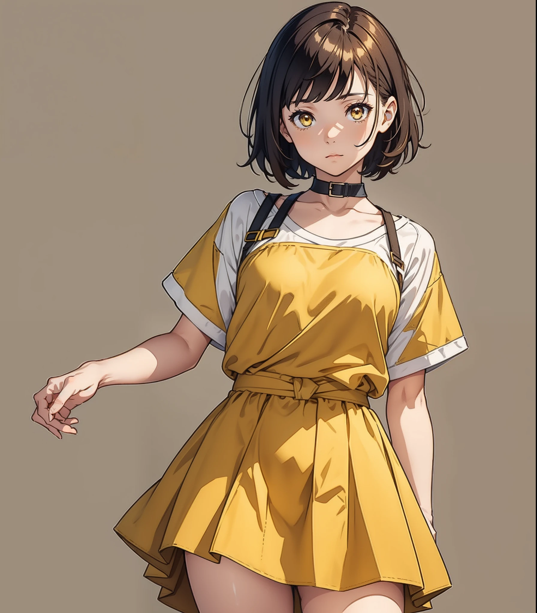 short brown hair, yellow eyes, cute face, simple basic outfit, school girl, waist up figure, neutral expression, simple background, full figure, looking at the viewer from afar, front facing, simple one color background