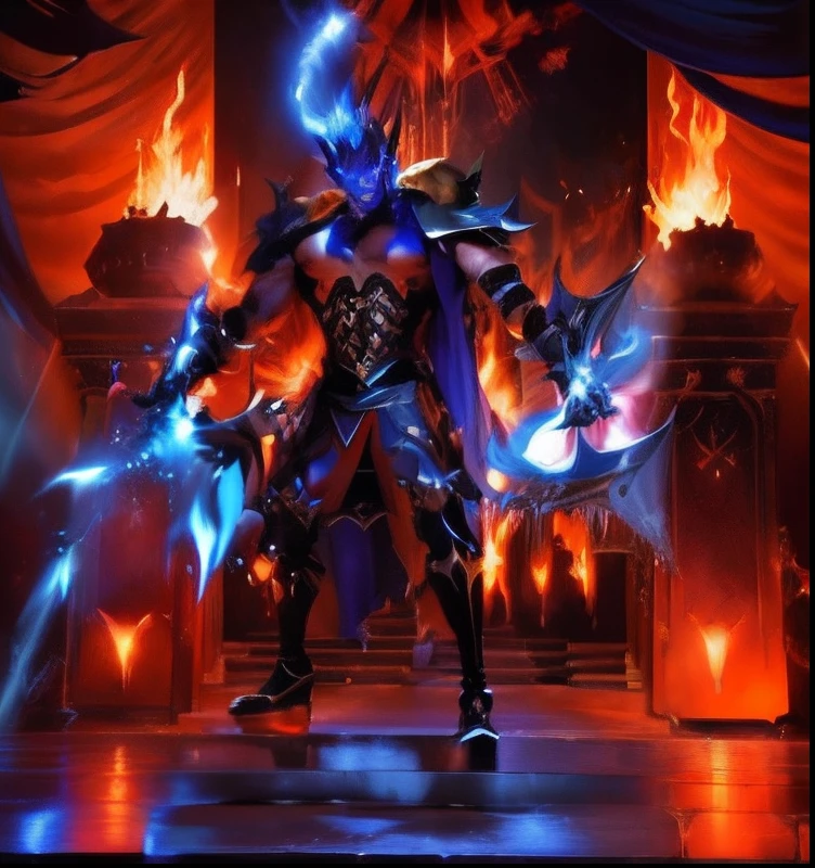 a close up of a person standing on a stage with a fire gloves , demon male, djinn man male demon, male djinn man demon hybrid, muscled humanoid balrog demon, human male demon, raziel irl, man male demon, ruler of inferno, evil devious male, male vampire of clan banu haqim, the former demon king