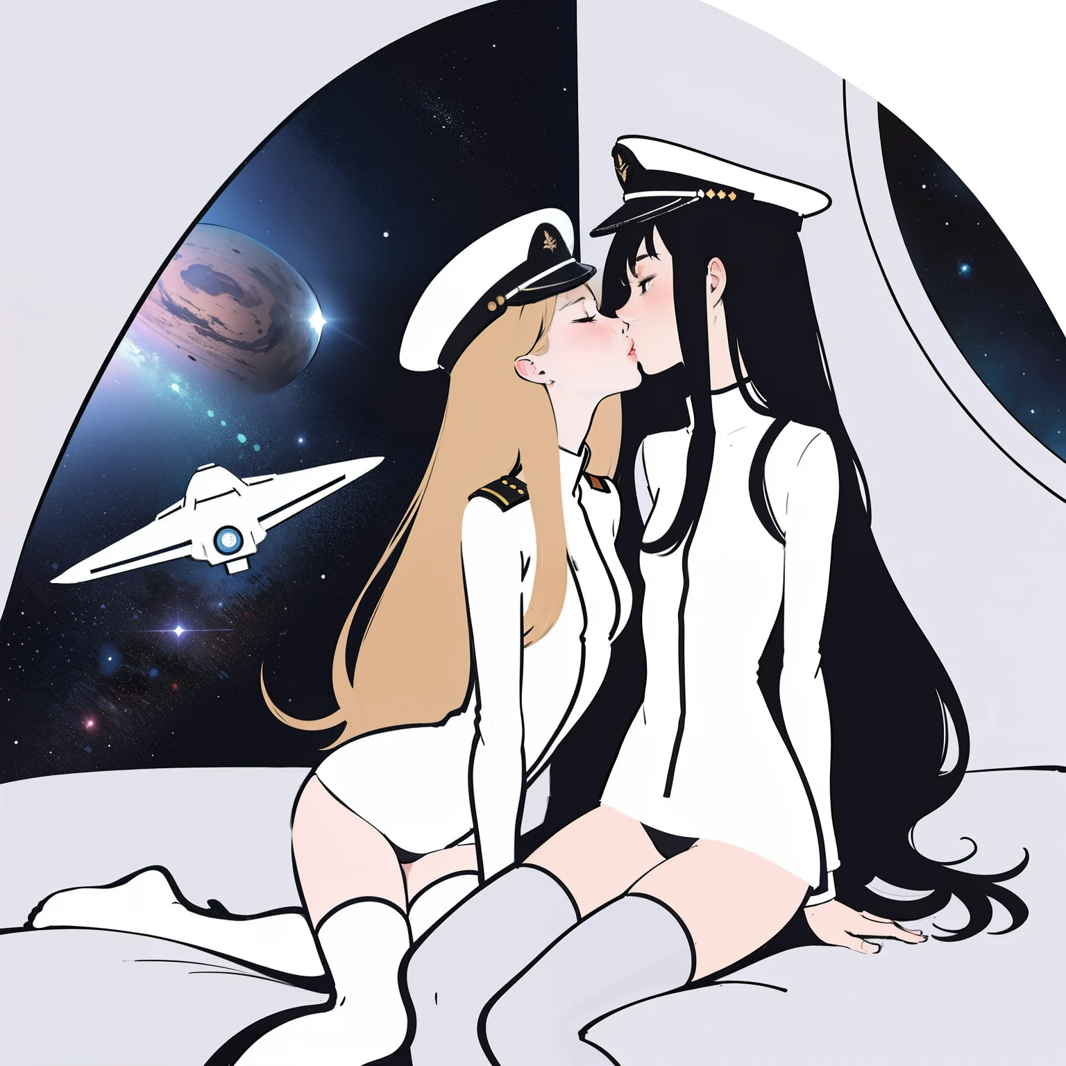 (masterpiece, best quality), 2girls, ***ite, **********, slim, white military jacket, white panties, military hat, long hair, space cadet, (kissing), blush, lying on bed, bottom, in spaceship, futuristic, sci-fi, space age design, white, anime minimalist, watercolor