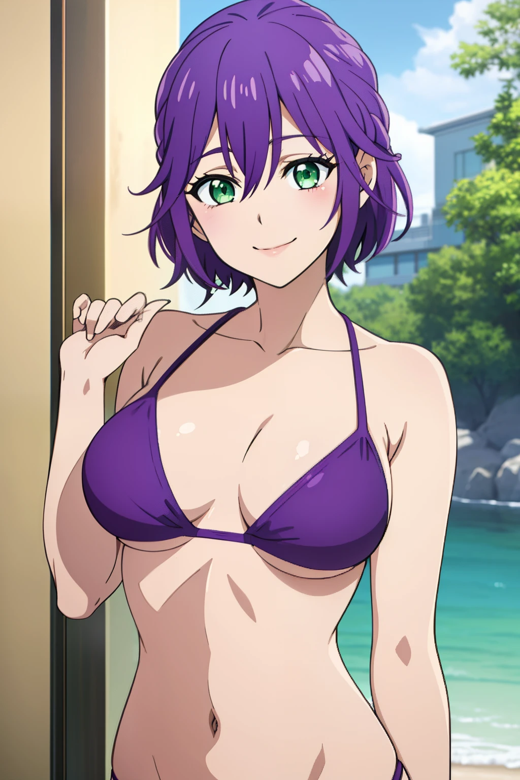 masterpiece, best quality, high quality, 1girl, solo, looking at viewer, upper body, hiro_segawa, purple hair, green eyes, hair between eyes, , , purple bikini , navel , nice ass , smile