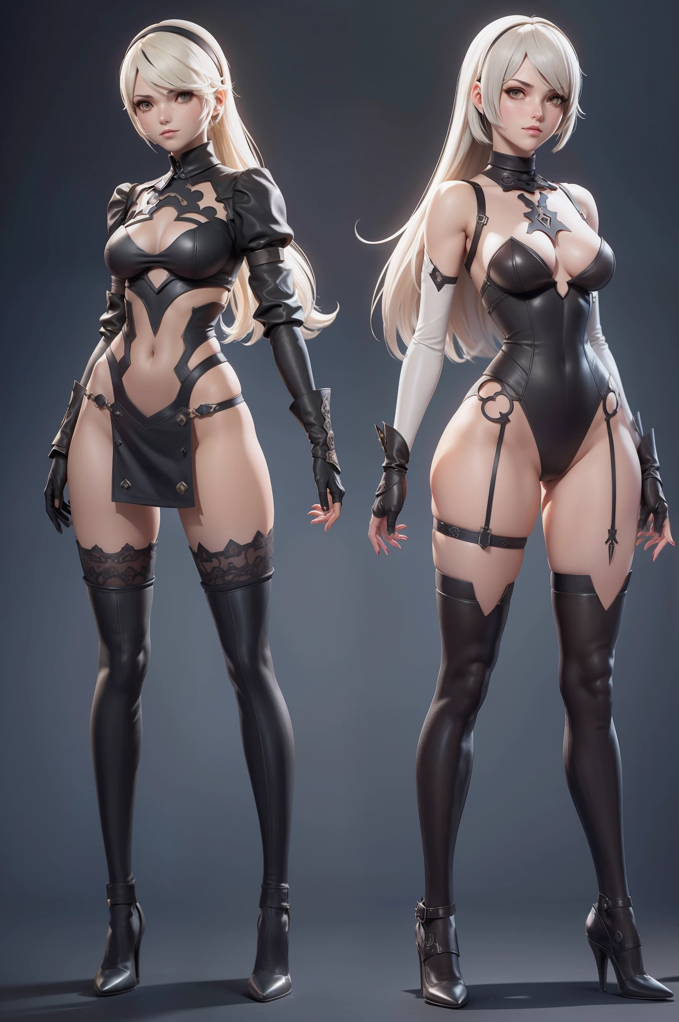 Jogo de Nier Automata Estilo, Rosto realista e delicado, ((master part)),((corpo inteiro)), Two visions of the same character in the same outfit, ESTILO DE FOLHA DE MODELO, Jogo de T-Pose.