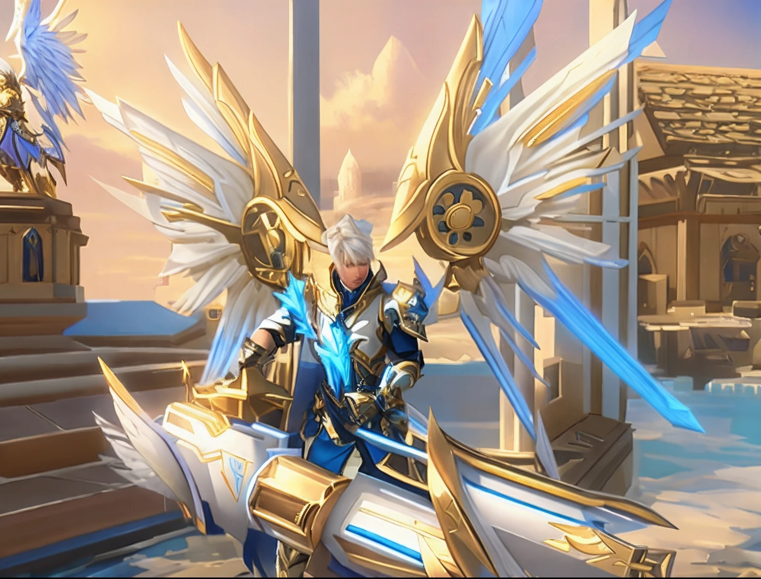 there is a blue and white video game male character with wings holding a giant cannon weapon with both hands, from lineage 2, aion, armor angle with wing, winged archer, from ncsoft, lineage 2 revolution style, <mmorpgs scene, gold paladin, sliver ice color reflected armor, holy paladin, archangel, mmorpg, angelic golden armor, pc screenshot, blade and soul