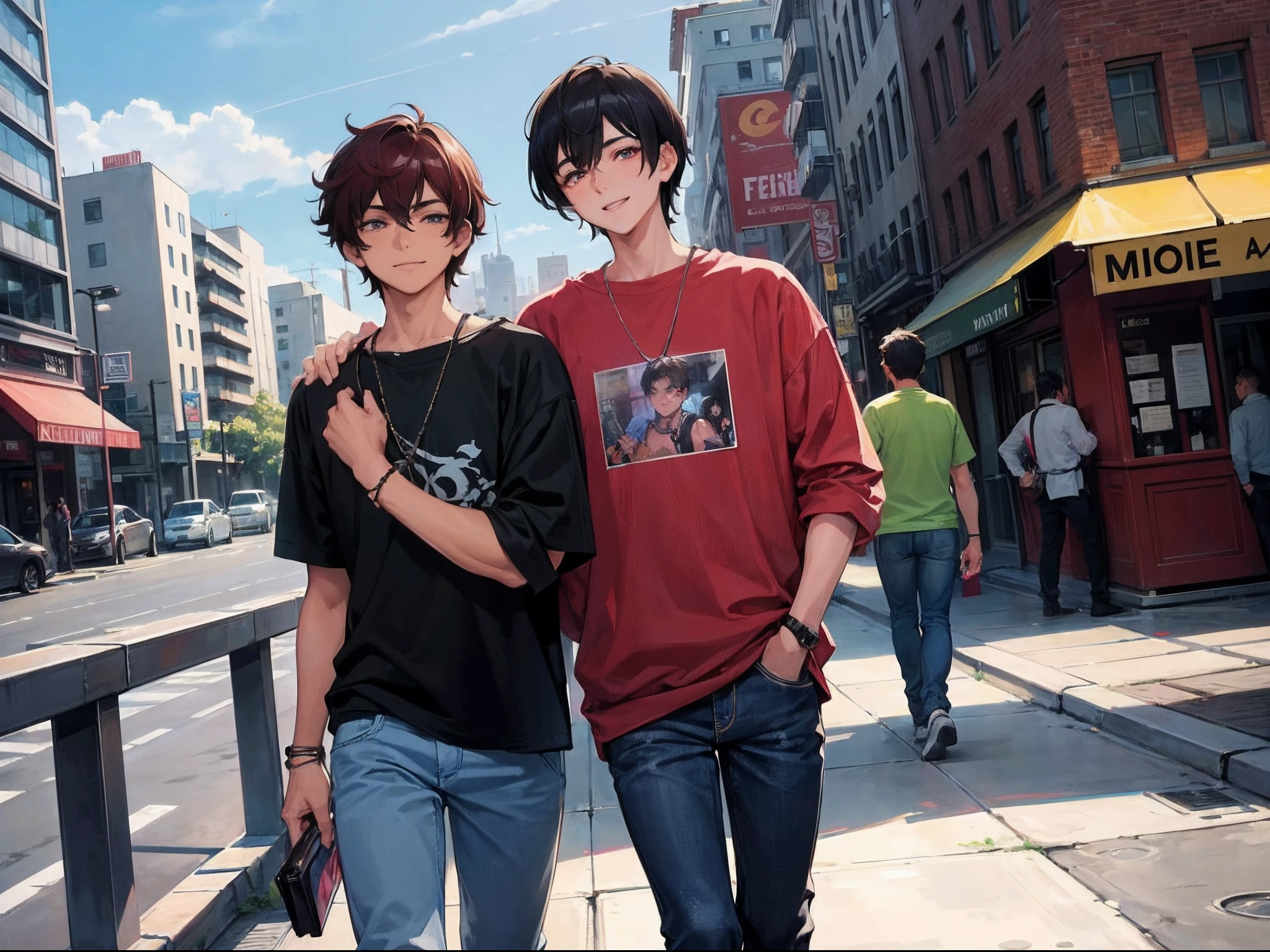 (Masterpiece), (best quality), ((super-detailed)), (very fine 4Ksuper fine illustration), ((2males)), 25 years old handsum male, large black hair, brown skin, magenta eyes, modern clothes/(male 1/) ,18 years old man, very short red hair, gray eyes,smiling,jeans clothes/(male 2/), (gay male), (yaoi), gay couple, cinematic style , tourism,sky,city