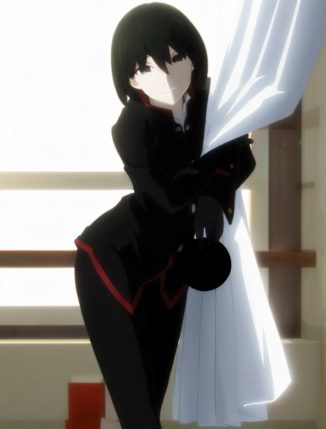 anime sentada em um peitoril da janela com uma cortina, ainda de anime, Ainda de anime de TV, the anime girl is crouching, atraente matoi ryuko, captura de tela de um anime de 2012, katanas strapped to her back, Garota Anime usando um vestido preto, Gapmoe Yander, noire cena mal-humorada, anime ainda, Captura de tela do filme de anime