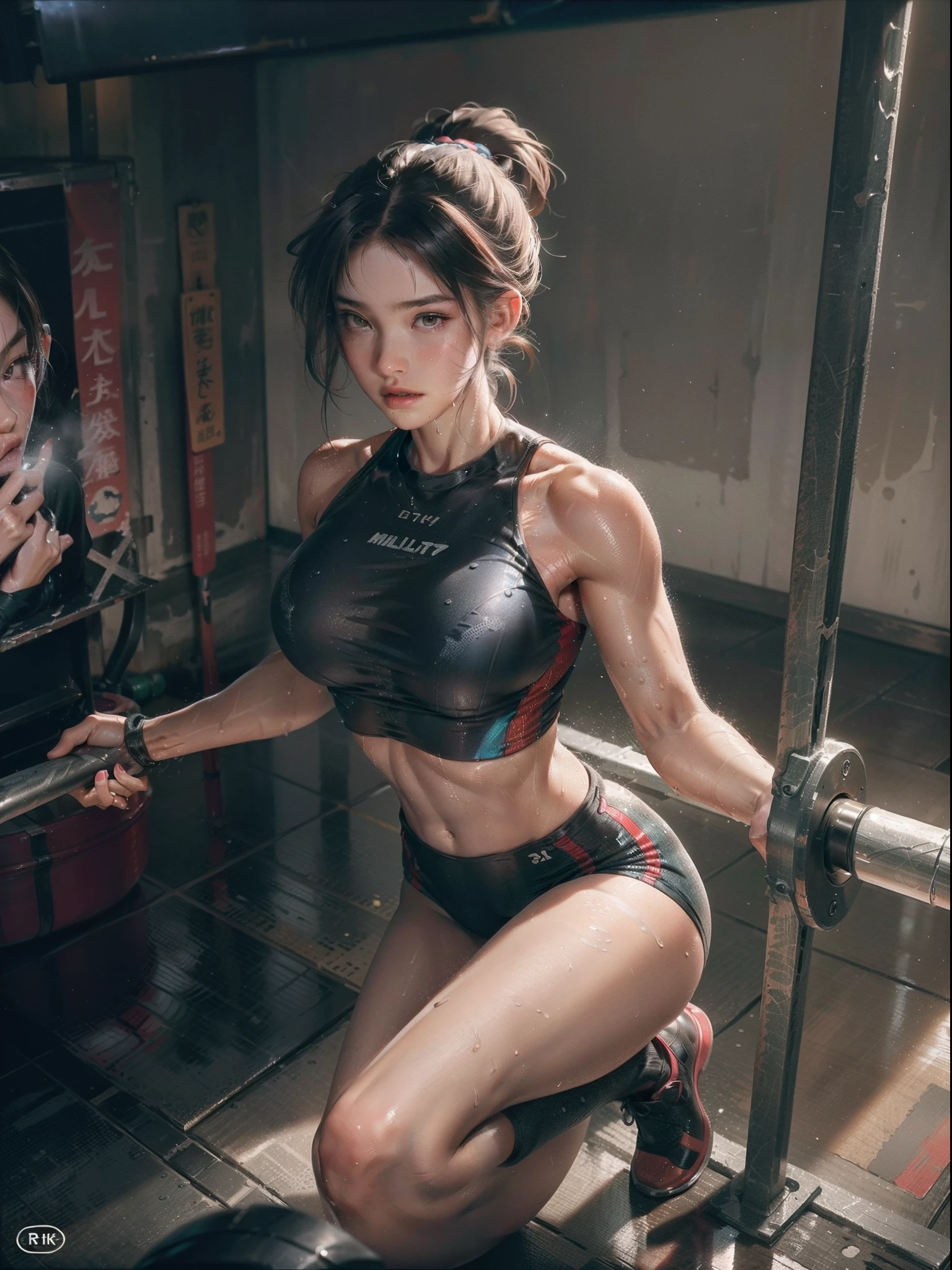 (8K, Raw photo, Best Quality, masutepiece:1.2), (Realistic, Photorealsitic:1.37),1 girl,Beautiful,Powerful, (Solo),A detailed face, Dramatic Angle,
,Weightlifting Uniform ,Look away,Sporty,Wet skin,Sweat,Large breasts,Trained abs,nice legs,Weightlifting venues  ,