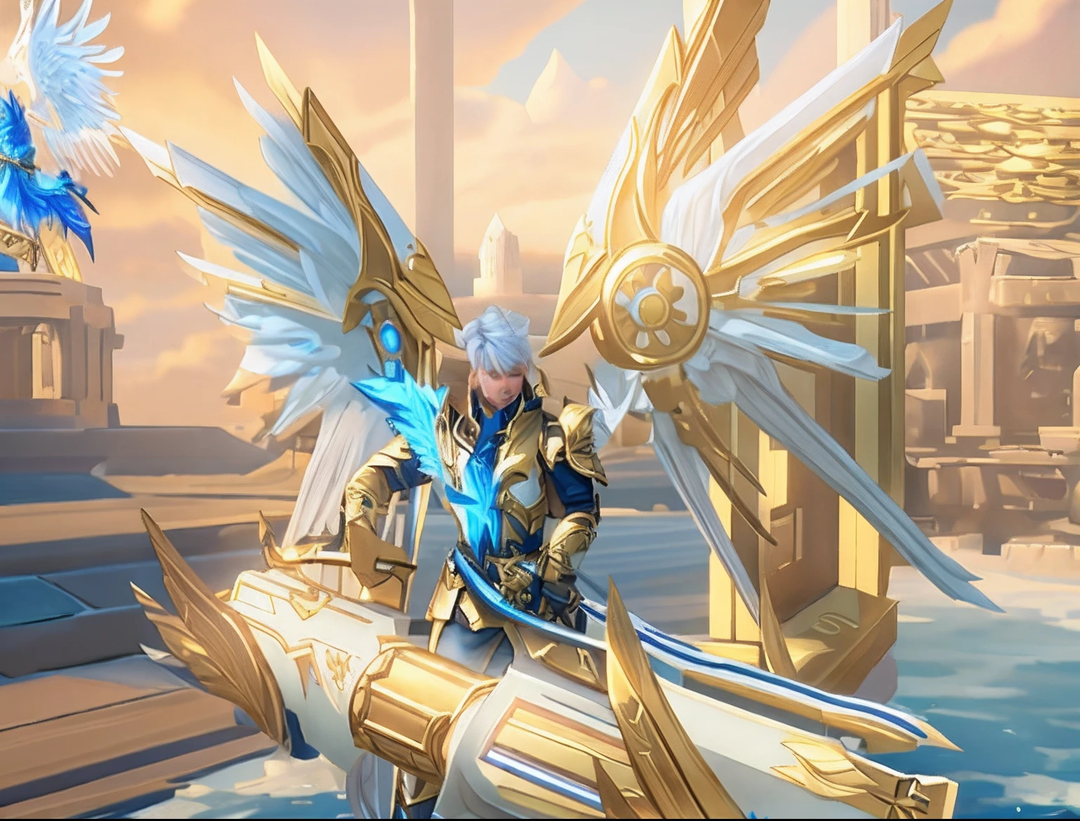 there is a blue and white video game male character with wings holding a giant cannon weapon with both hands, from lineage 2, aion, armor angle with wing, winged archer, from ncsoft, lineage 2 revolution style, <mmorpgs scene, gold paladin, sliver ice color reflected armor, holy paladin, archangel, mmorpg, angelic golden armor, pc screenshot, blade and soul