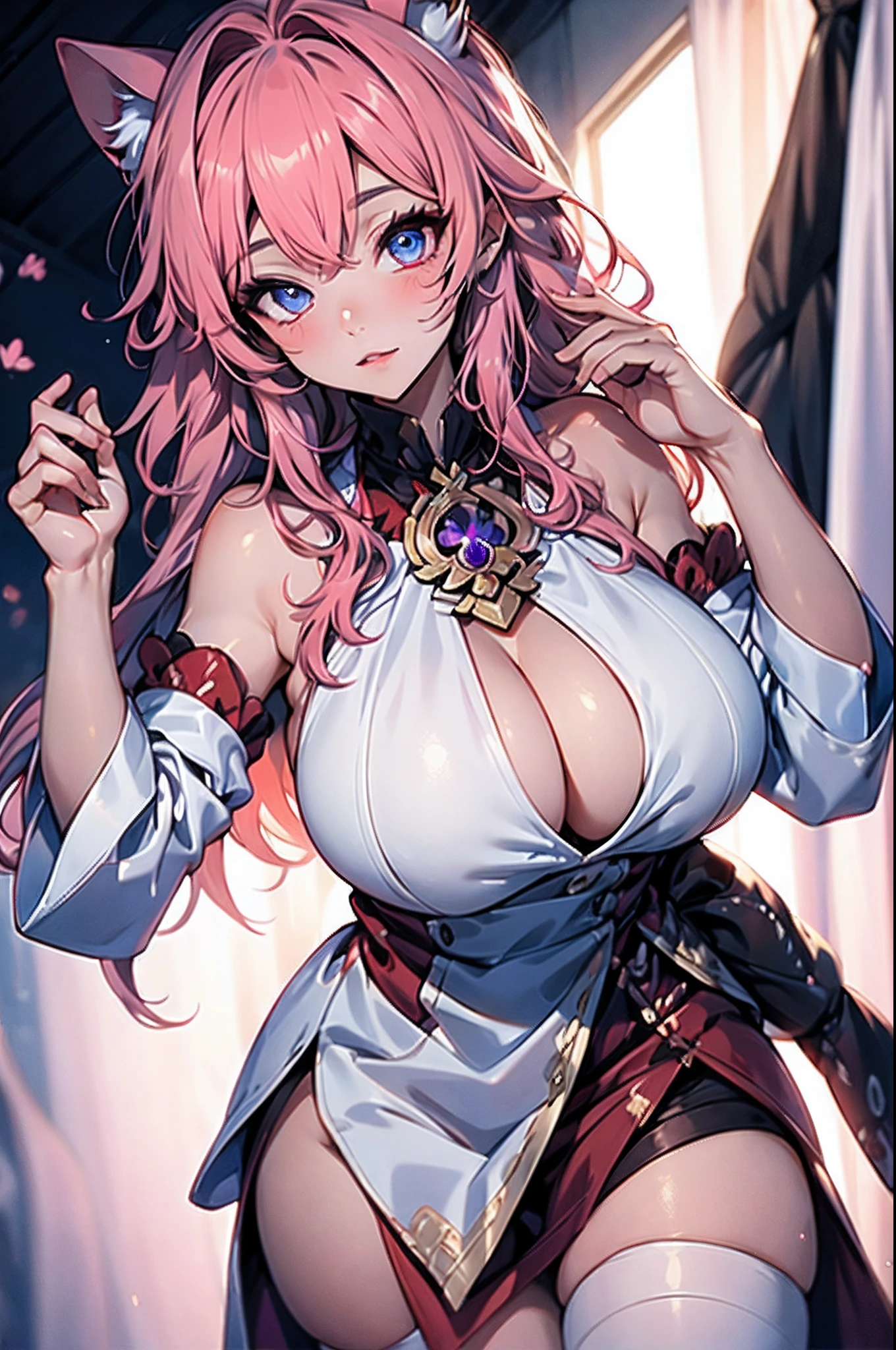 masterpiece, best quality, ultra-detailed, illustration,(1girl),beautiful detailed eyes, looking at viewer, close up, (breast focus), pink hair, shy, cat ears, white and pink dress, stockings, garters, blue eyes, thighs, nsfw, slave, masturbation, sex toys, missionary