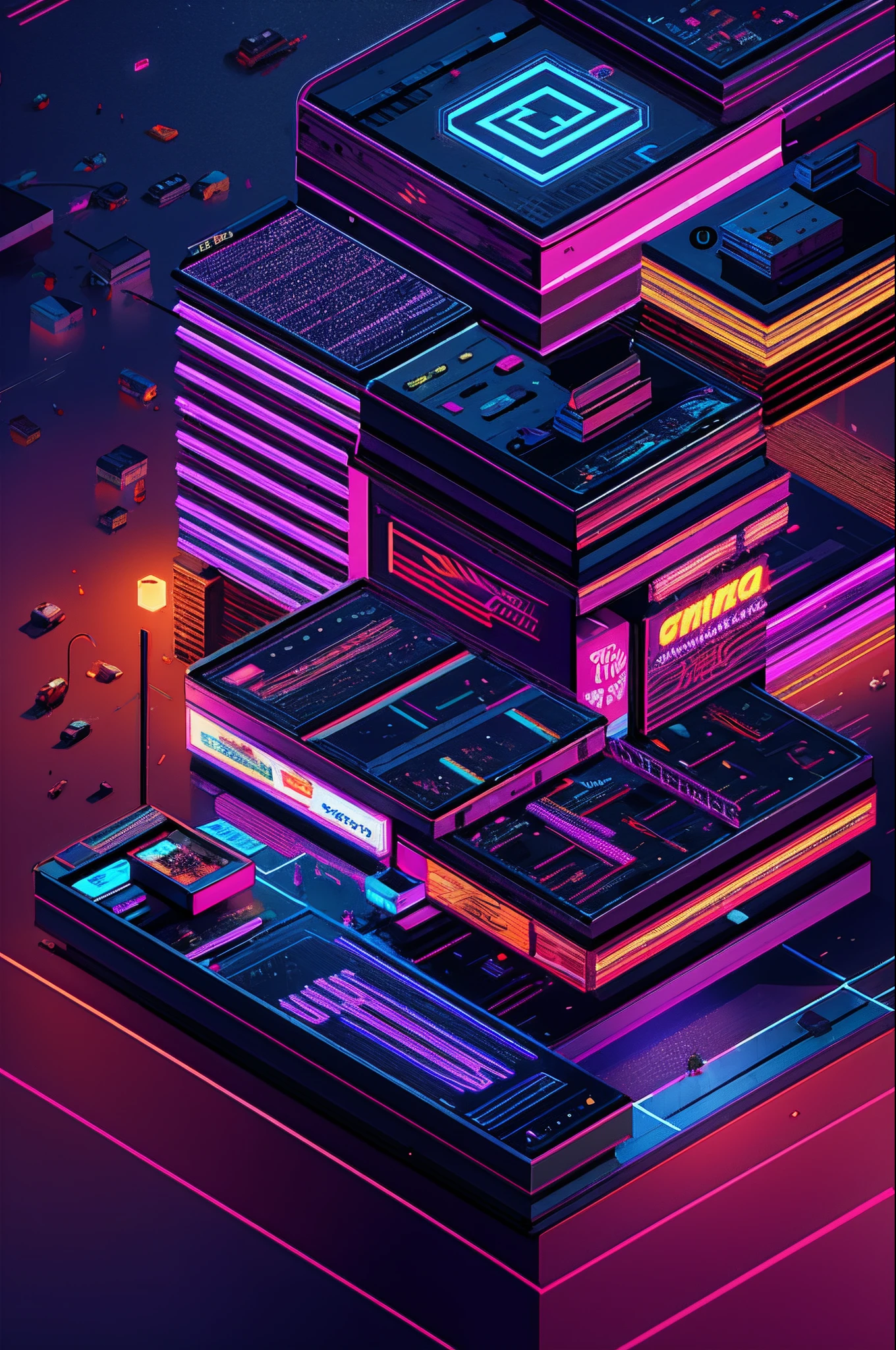 Isometric,outdoors, no humans, scenery, sign, cable, trash can, neon lights, san fransisco scene, ultra sharp, best illustration, (zentangle, mandala, tangle, entangle:0.6), extreme light and shadow, bloom, shine, dynamic angle, japan detail, cyber punk, cyber style thunder