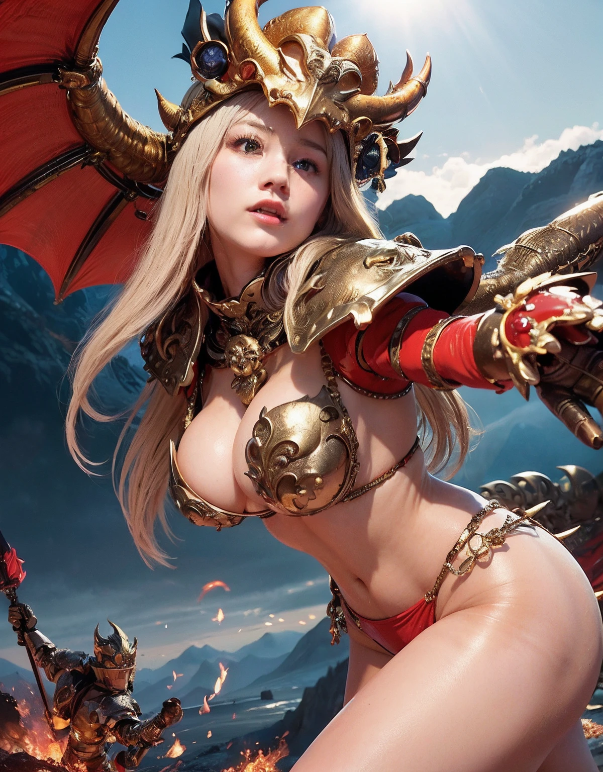 Professional , ​masterpiece、top-quality、photos realistic , depth of fields 、（Dragon Red Metal Body:1.９),(Enamel Red、（cleavage of the breast）、Dragon Gold Weapon、（Red Micro Bikini Armor:1.４),Gorgeous gold weapons ,（（ Dragon's dense and gorgeous sword）） , （demonic wings）、（（a blond））、（Castle background）、（（Gangle's forest background））、（（Fight dragons））、Beautiful Caucasian beauty、１a person、dynamic ungle,(((Detailed and ornate dragon helmet)))、Smaller head、A smile、Castle background、Thin and beautiful female hands、cleavage of the breast、Soldier in iron armor on background、Mystical expression、Light Effects、intense fighting、Wind-effect、magic circles、With the legendary magic wand、Dragon's tail、explosions、Anatomically correct body、