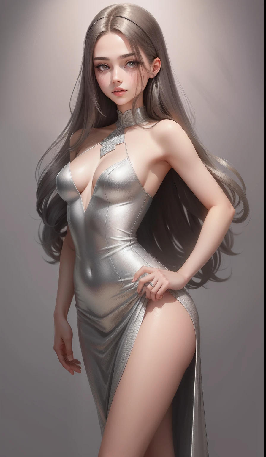 a woman in a long silver solid draped spaghetti dress, silver high heels, diamond hair piece, , shoulder length slightly wavy hair, ((ashy dark brown hair)) and gleaming detailed vibrant grey eyes, slim frame, medium breasts, long legs, beautiful face, small butt size, small feet size, small hand size, perfect hands, scary face, beautiful face, pretty face, hot woman, British woman, cream skin, small soft pink lips , medium breast size, slim figure, standing pose, soft features