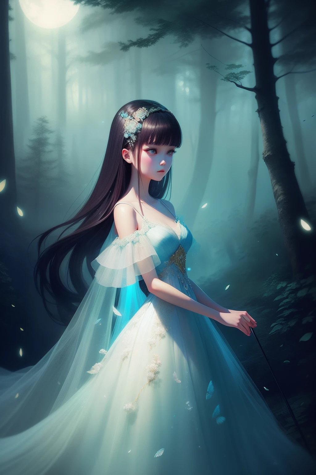 In the misty forest,Under bright moonlight,Standing a lady in a long dress of light tulle, Brunette lady with glowing tulle dress, inspired by Igor Kieryluk, It is covered with azure and cream yellow, White fireflies fly,inspired by Wadim Kashin, by Russell Dongjun Lu, inspired by Yanjun Cheng, inspired by Hsiao-Ron Cheng, Beautiful digital artwork, inspired by Ray Caesar