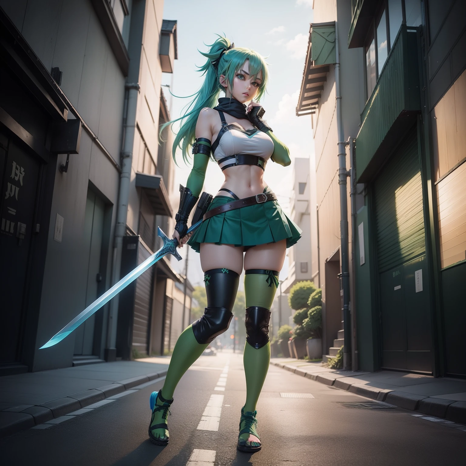 A full body picture of an anime ninja girl with green hair and light blue skirt with green colored thigh highs she is also wearing blue knee and  elbow pads colored blue while holding a large sword with a background of a Tokyo city street.