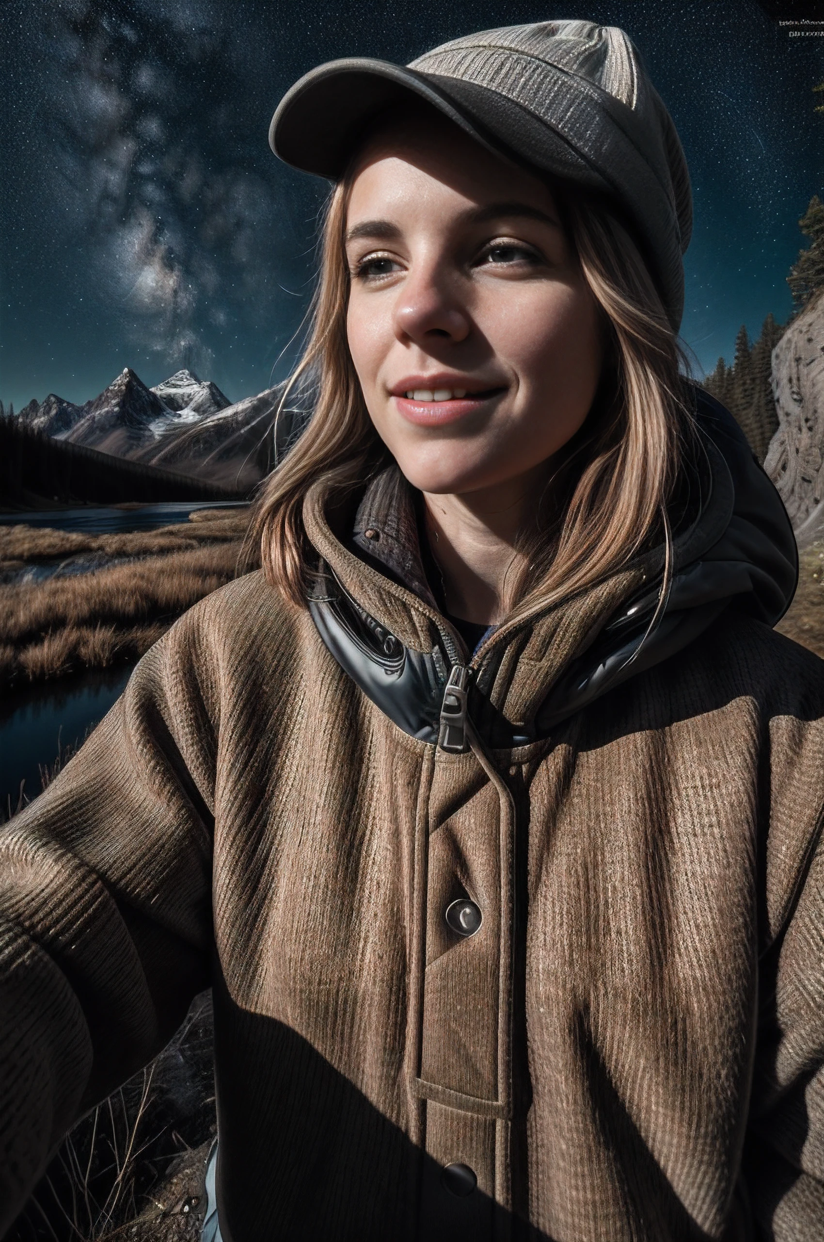 1 woman((upper body selfie, happy)), masterpiece, best quality, ultra-detailed, solo, outdoors, (night), mountains, nature, (stars, moon) cheerful, happy, backpack, sleeping bag, camping stove, water bottle, mountain boots, gloves, sweater, hat, flashlight, forest, rocks, river, wood, smoke, shadows, contrast, clear sky, analog style (look at viewer:1.2) (skin texture) (film grain:1.3), (warm hue, warm tone)
:1.2), close up, cinematic light, sidelighting, ultra high res, best shadow, RAW, upper body, old man, wearing pullover