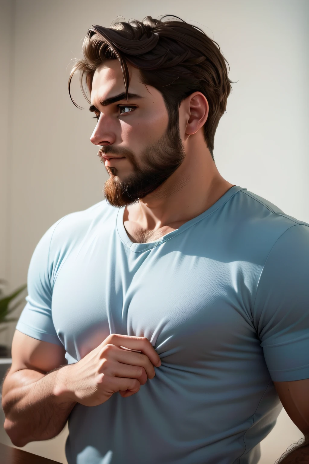(Muscular man in stylish clothes), ), (avec une longue barbe pleine,) (yeux bleus) (portrait) Attractive and serious appearance, Dark brown hair, Elegant and elegant, et t-shirt fort, Man resembling actor Jamie Dornan, (Realistic and high-quality image), in the background Scandinavian apartment with designer furniture and blue wall color in the background, ((the best quality, 8k, tmasterpiece).
