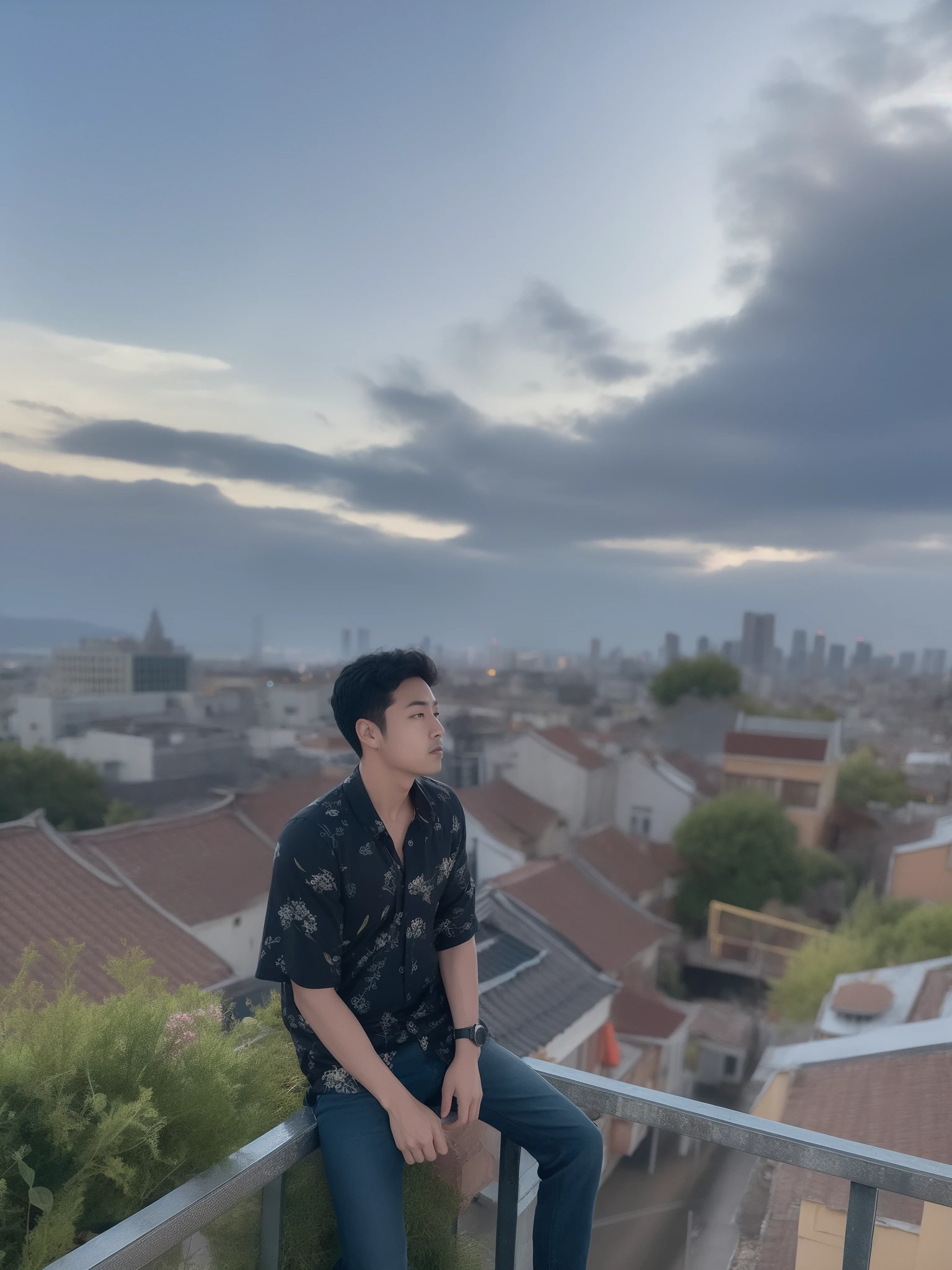 arafed man sitting on a railing overlooking a city, with a city in the background, standing on rooftop, standing on a rooftop, town in the background, sits on a rooftop, on rooftop, at an ancient city, city in background, city in the background, by Kanbun Master, hiding in the rooftops, shot on canon eos r5