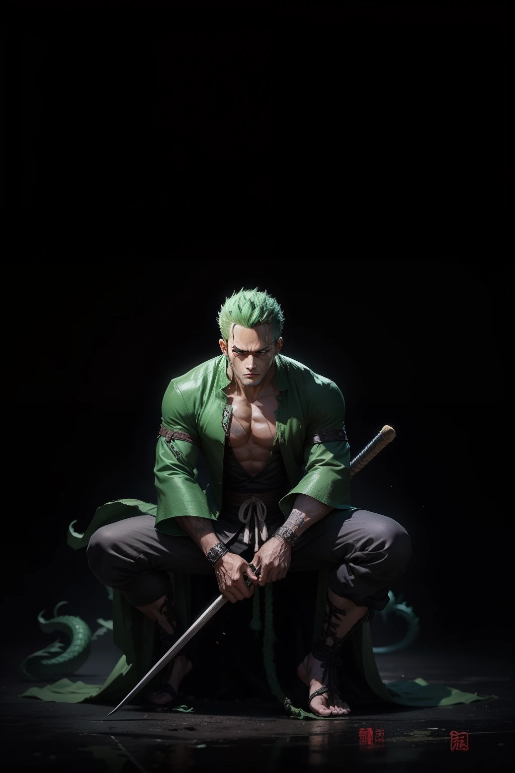 There's a dragon behind you、We're about to pounce。Zoro in One Piece is alert and waits for the fight