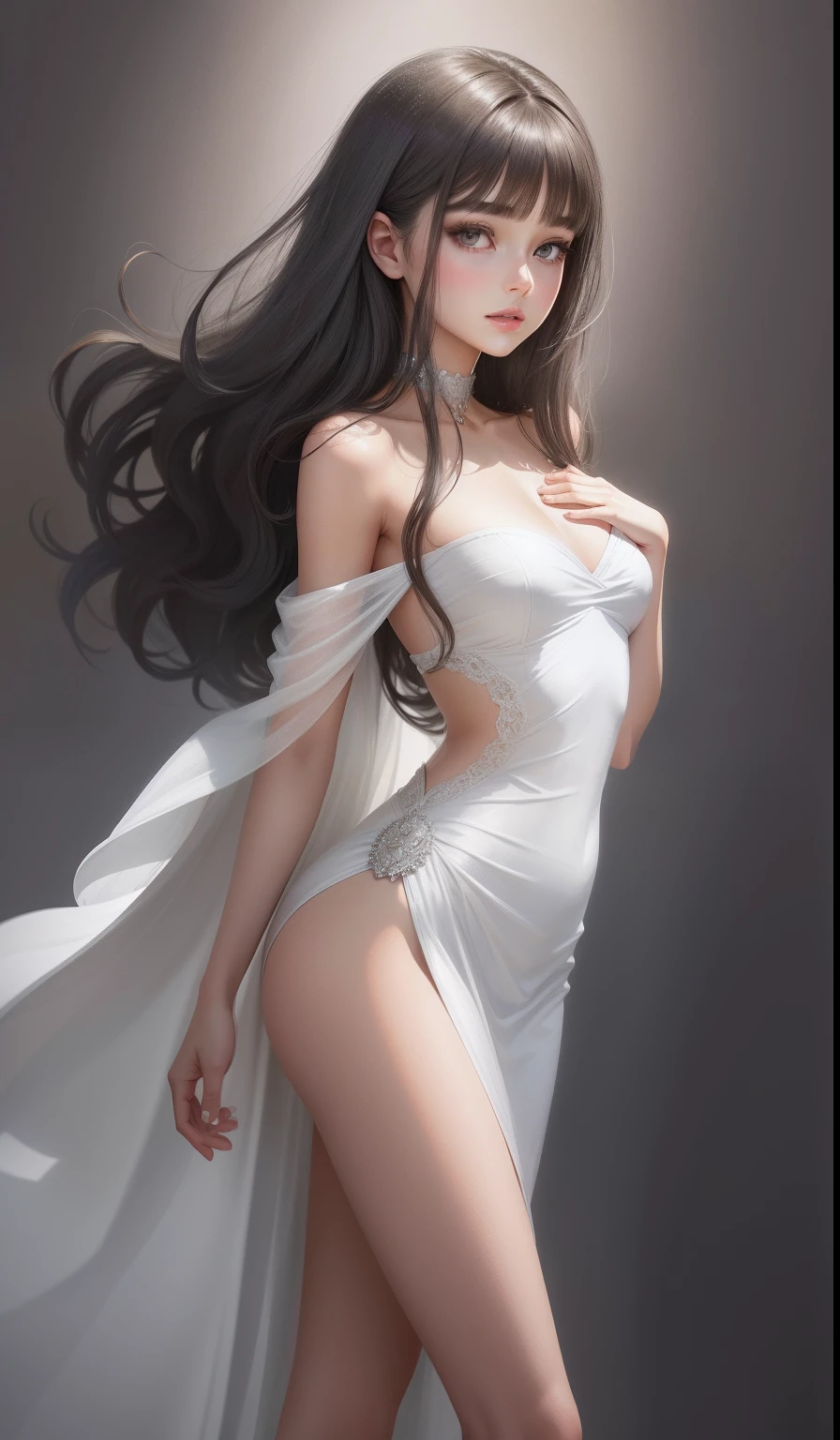 a woman in a long silver solid draped spaghetti dress, silver high heels, diamond hair piece, 17 years old, shoulder length slightly wavy hair, ((dark brown hair)) and gleaming detailed vibrant grey eyes, slim frame, medium breasts, long legs, beautiful face, small butt size, small feet size, small hand size, perfect hands, scary face, beautiful face, pretty face, hot woman, British woman, cream skin, small soft pink lips , medium breast size, slim figure, standing pose, soft features