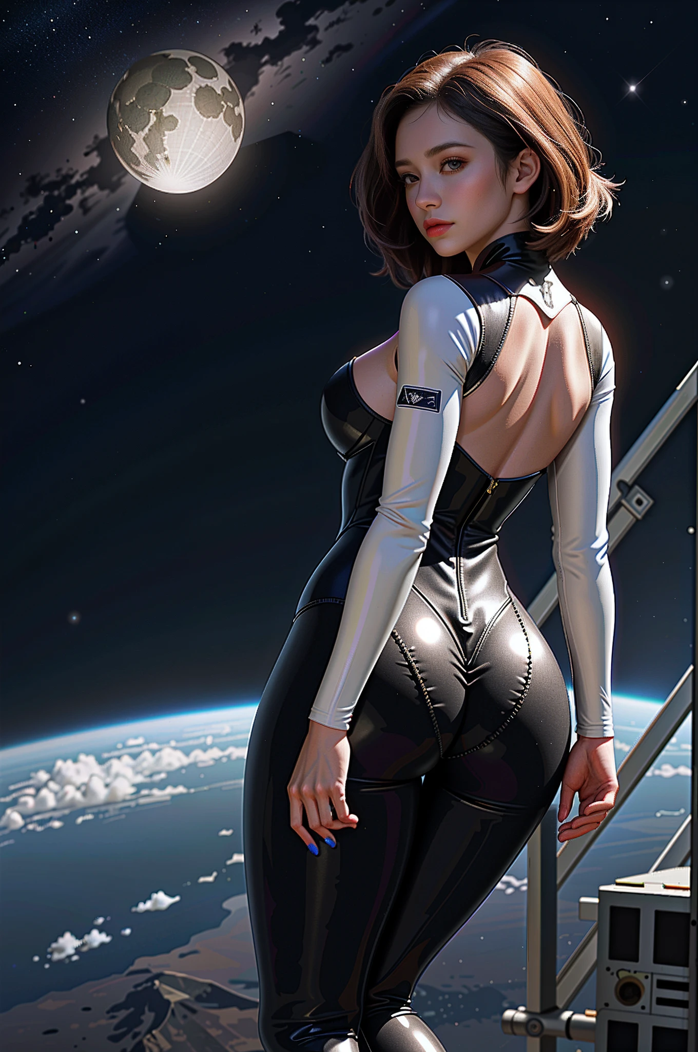 menina espacial, bunda grande e seios grandes, Girl in floating space, Rear angle, curvando a bunda, foto de corpo inteiro, latex clothing, curvas perfeitas, super realista, Crisp face, rosto detalhado, garota delicada, fofa, Superheroíne, olhos lindos, nariz perfeito