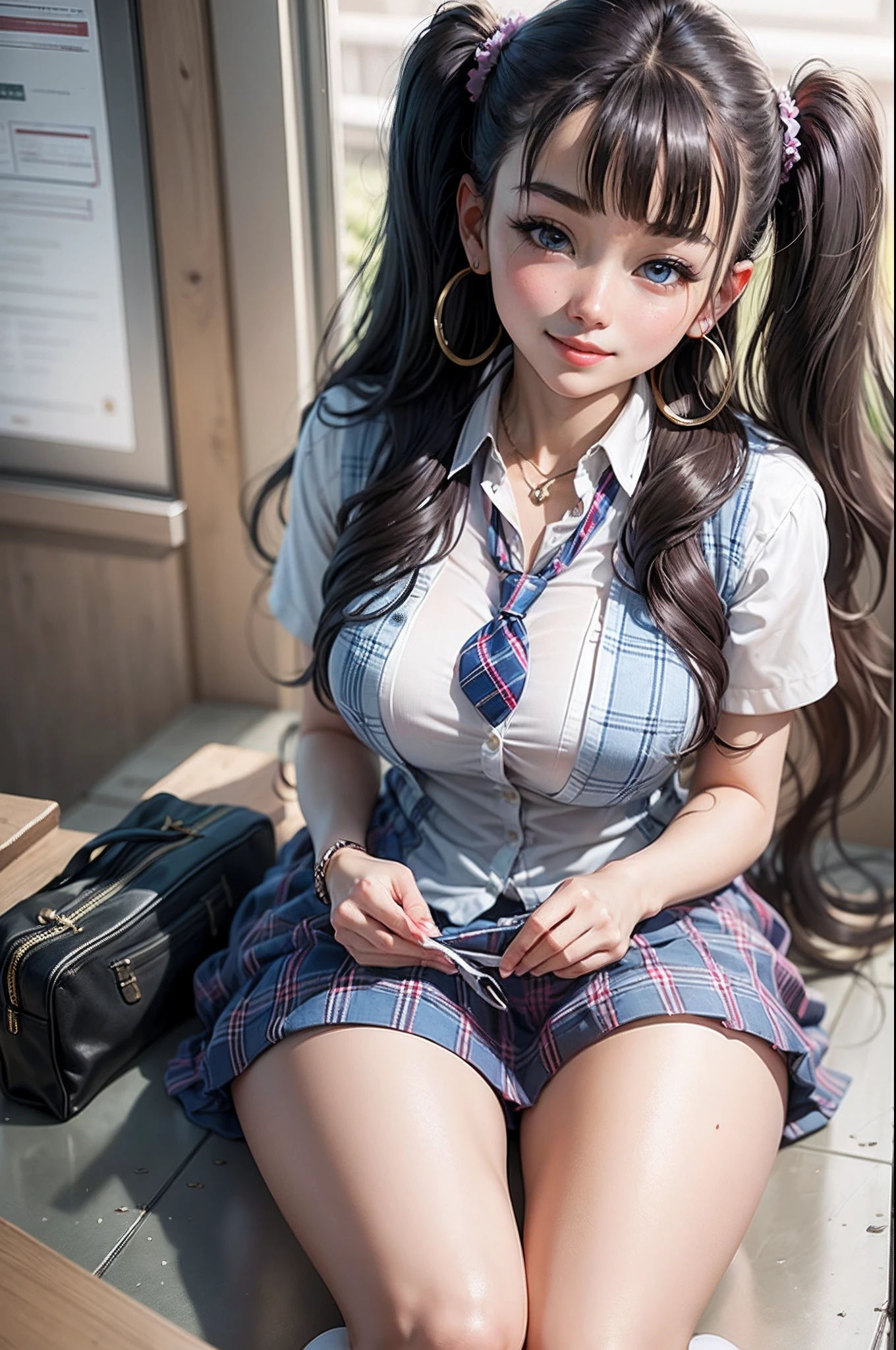 Full body shot of lucy  The ultimate beautiful woman at 20 years old、plump buxom curvy figure,cute very beautiful face、Long bangs that extend to the eyes, nose and mouth、The most beautiful brunette hair in the world、Super long straight hair、twin tails hairstyle, huge hoop earrings,Glowing big beautiful light blue eyes、White and beautiful shiny skin、lightsmile,  wearing a school uniform with tie and a tartan plaid skirt, pristine white socks and high heeled shoes, sitting in the classroom --auto --s2