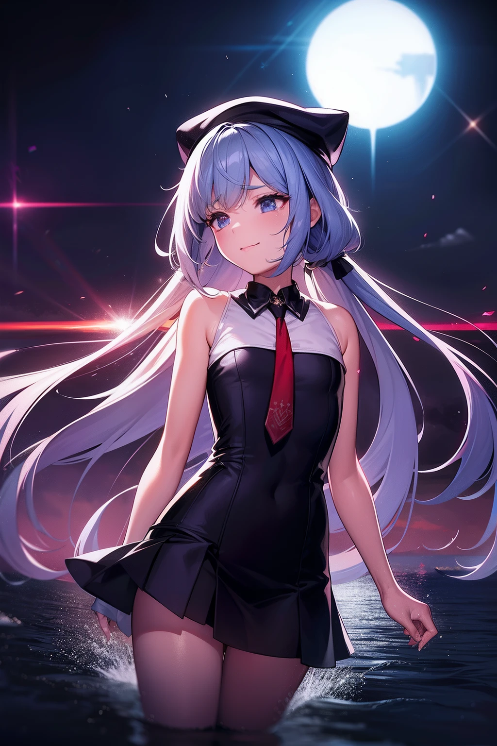 Cat ears twin tails,She is tall, Slender Adult Woman,small pectoral muscle,flat chest,She has a flat chest, ((flat chest))Her hair has silver twin tails and cat ears,Tie two black ribbons to your hair, She wears a black beret, She has a very flat chest like a cutting board, flat-chest, She wears a school uniform, She wears a red tie on her chest, A morning of sparkling iridescent Milky Way and hopeful lights, Iridescent Crystal Gemstones, Is pale skinned,She cries、Sheds a lot of tears from the eyes、Crying with a mischievous look、Smile on your lips, Starry sky and sandcastle, She wrapped the magic of red light like a snake in a splash of water, Highest Quality, She wears a black miniskirt((sad)),The face of the big picture, A night light illuminates her back,Wielding a magical girl rod with a large iridescent crescent moon at the tip,Countless shooting stars,Lens Flare, Big rainbow,Big sun blooms、The surface of the water illuminates your back, ((Water brilliance)), chromatic abberation], Digital Painting, Insane details, Intricate details, Beautifully color graded, Unreal Engine, Cinematic , Fantastic, colour grading, Editorial Photography , Photography, Photo Shot, Shot on 70mm lens, depth of fields, degrees of freedom, Tilt Blur, Shutter Speed 1/1000, A/11