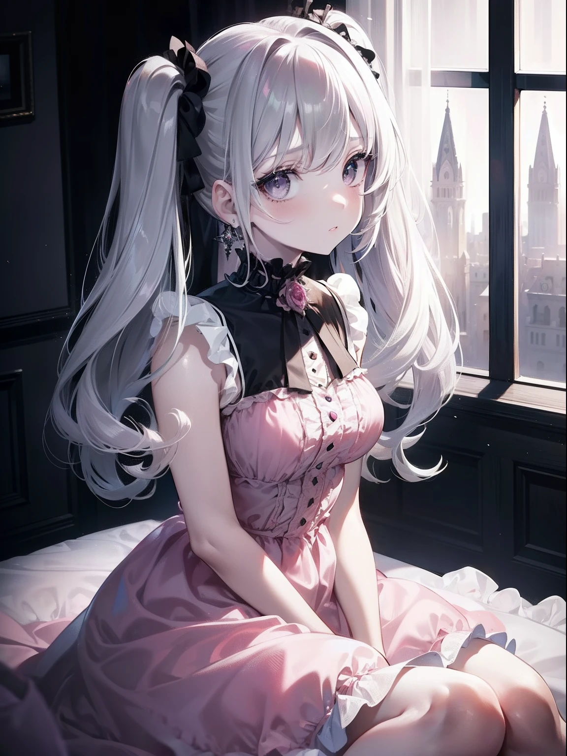 (Masterpiece, Best quality, ultra high resolution),1girl,pink dress, ruffled dress, princess dress,twin tails,black eyes,bags under the eyes, sour look,pale skin,beautiful and detailed face, detailed eyes, looking at viewer,in a dark bedroom, elegant bedroom,(gray theme)