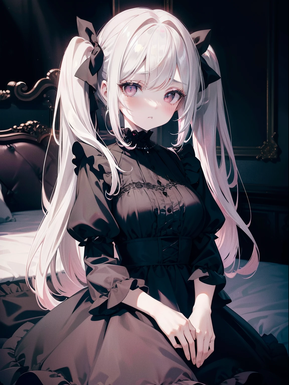 (Masterpiece, Best quality, ultra high resolution),1girl,pink dress, ruffled dress, princess dress,twin tails,black eyes,bags under the eyes, sour look,pale skin,beautiful and detailed face, detailed eyes, looking at viewer,in a dark bedroom, elegant bedroom,(gray theme)