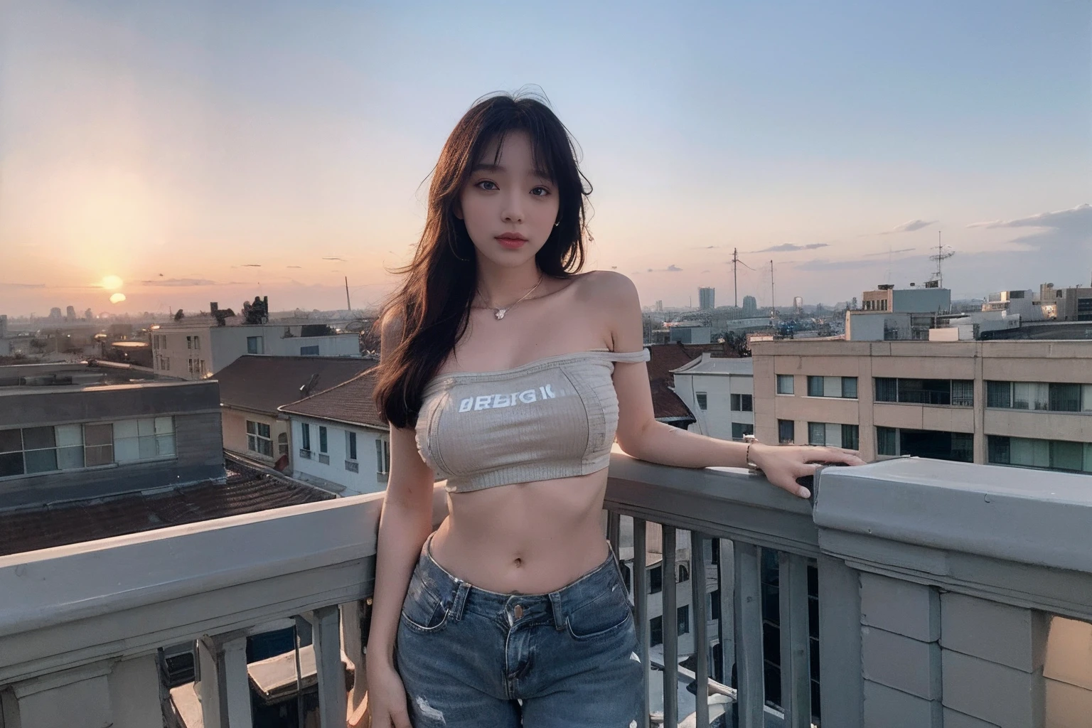 ((Midnight, Best quality, 8k, Masterpiece :1.3)), Whole body, Long legs, Sharp focus :1.2, A pretty woman with perfect figure :1.4, Slender abs :1.1, ((Dark brown hair, Big breasts :1.2)), (White tight tshirt, Jean bib, Standing:1.2), ((Night city view, Rooftop:1.3)), Highly detailed face and skin texture, Detailed eyes, Double eyelid, sunset, darken, backlit, off shoulder, giwo