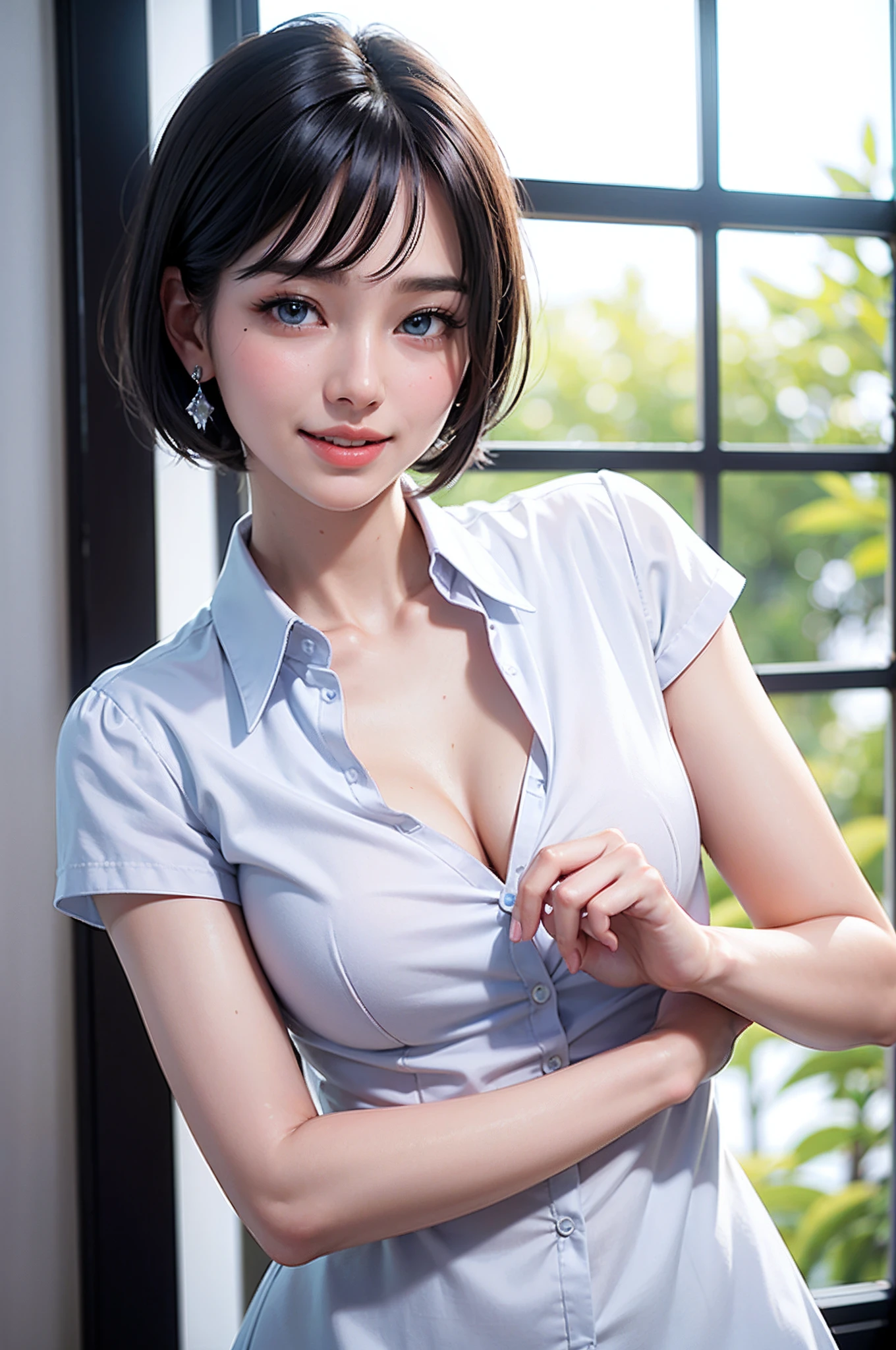 (high-level image quality、high-detail、hightquality、hight resolution、Draw everything in high resolution)、Very intense crystal light blue eyes、Very pale blue eyes、Smaller diamond-shaped earrings、Look firmly at the camera、Put your ears out、Beautiful short black hair、Beautiful very short beautiful hair with bangs、Show off all the beautiful décolletés、Beautiful 28 years old、lipgloss、long neck、happily laughing、Smiling very happily、Beautiful teeth alignment、Beautiful teeth、Beautie、Pretty Woman、Business shirt with a snow-white collar with open chest、Wide Open Color、illuminate the back with very strong light from the windowsill,,、Very immaculate background、Really snow-white background、Slightly bigger eyes、Brings intense light to the eyes、rather broad shoulders、tall supermodel、Long-legged supermodel、Female sexy、Turn your face slightly to the side、Very mature and beautiful woman、Very small face