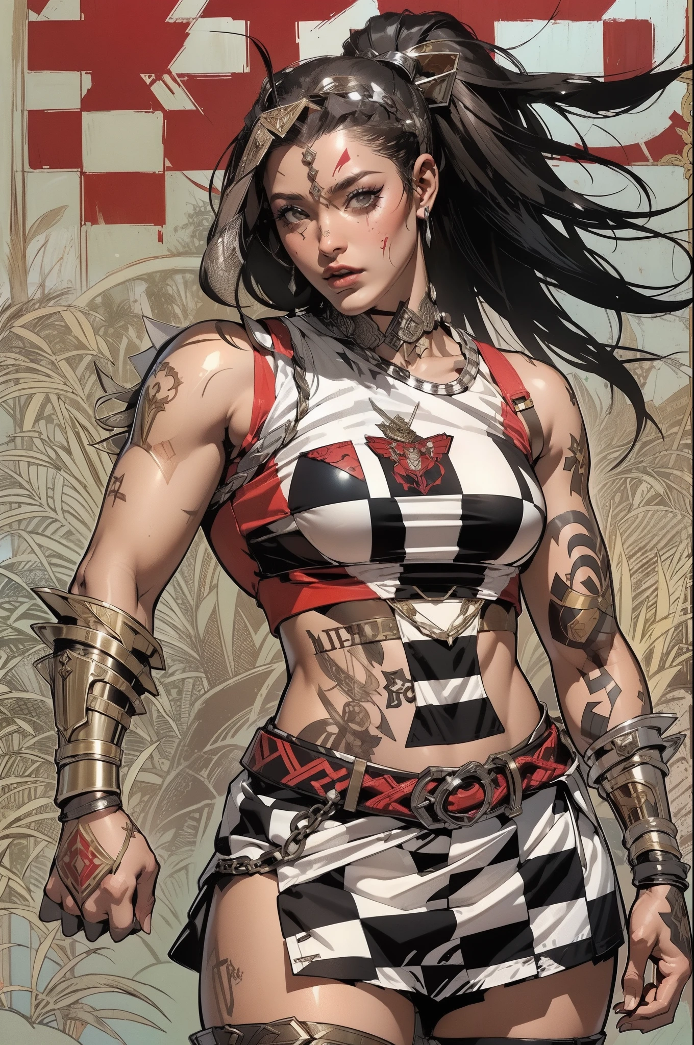 (((mulher))), (((melhor qualidade))), (((obra prima))), (((adulto))), Uma guerreira mulher de 35 anos com corpo perfeito, Gladiadores do Brooklyn, quase nua no estilo selvagem urbano de Simon Bisley para a capa da revista Heavy Metal, cabelos pretos com ponytail, Minimum clothing, red and white checkerboard pattern, armadura, cheio de pontas e rebites, tatuagem yakuza, (((do joelho pra cima))), cabelo cacheado