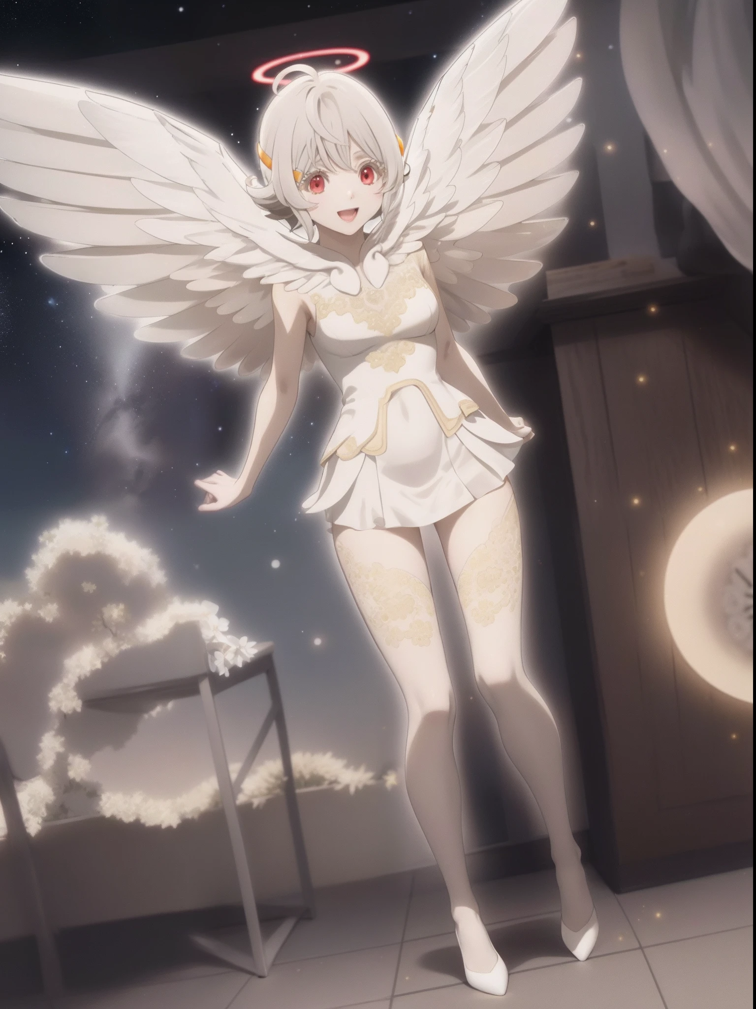 nasse_PE, ((nasse_PE)), 1girl, , angel, full body, looking at viewer, red halo, golden shoulder tattoo, golden leg tattoos, gray angel wings, gray shoulder wings, feathered, short gray hair, hair between eyes, golden hairclips, ahoge, detailed face, red eyes, gray eyelashes, gray colored skin, (gray skin tone), , front view, small breasts, :D, (starry night sky:1, detailed background), ultradetailed, (masterpiece), best quality, intricate details, ultra details, ultra quality, (high contrast:1.1), (vibrant, colorful:1.3), (high sharpness)